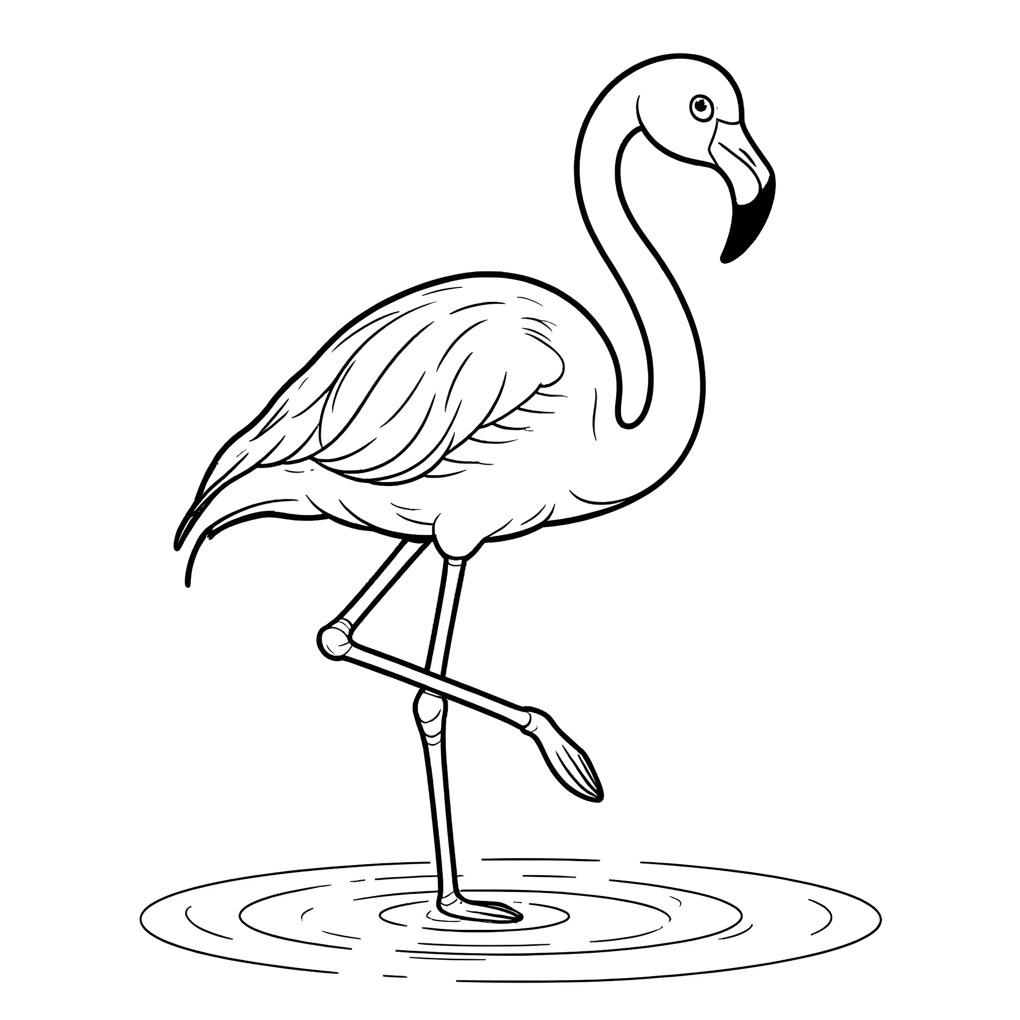 Flamingo standing gracefully in water Coloring Page (free black-and-white line drawing printable PDF for all, from beginners to advanced learners, including children, teens, adults, and seniors)