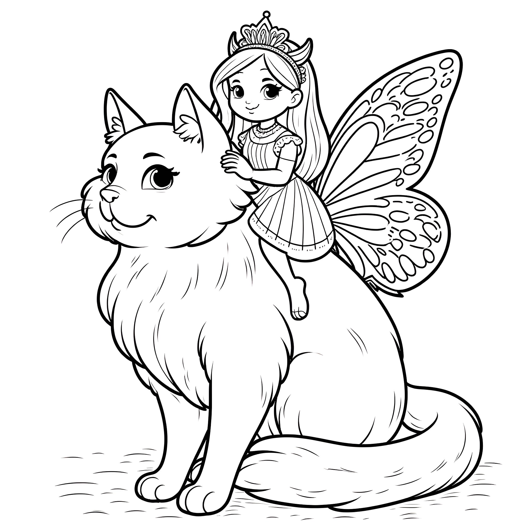 Princess and her Fairy Cat Companion Coloring Page (free black-and-white line drawing printable PDF for all, from beginners to advanced learners, including children, teens, adults, and seniors)