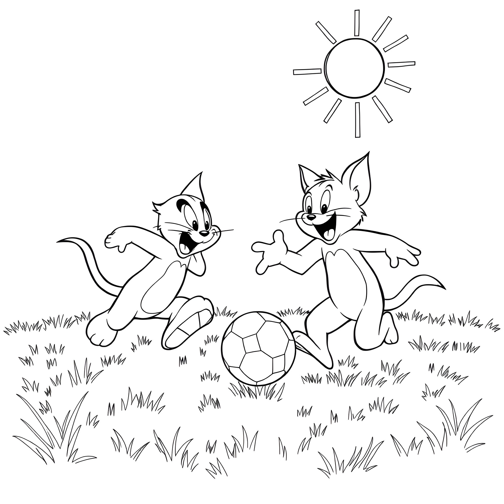 Tom and Jerry playing soccer under the sun Coloring Page (free black-and-white line drawing printable PDF for all, from beginners to advanced learners, including children, teens, adults, and seniors)