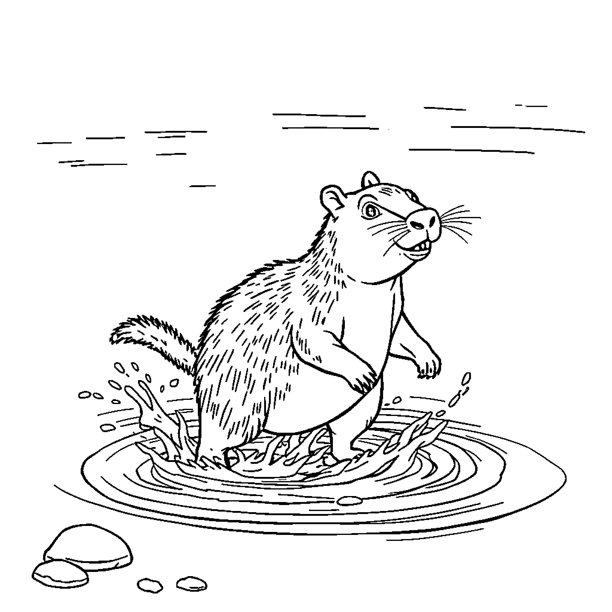 Capybara splashing in a puddle Coloring Page (free black-and-white line drawing printable PDF for all, from beginners to advanced learners, including children, teens, adults, and seniors)