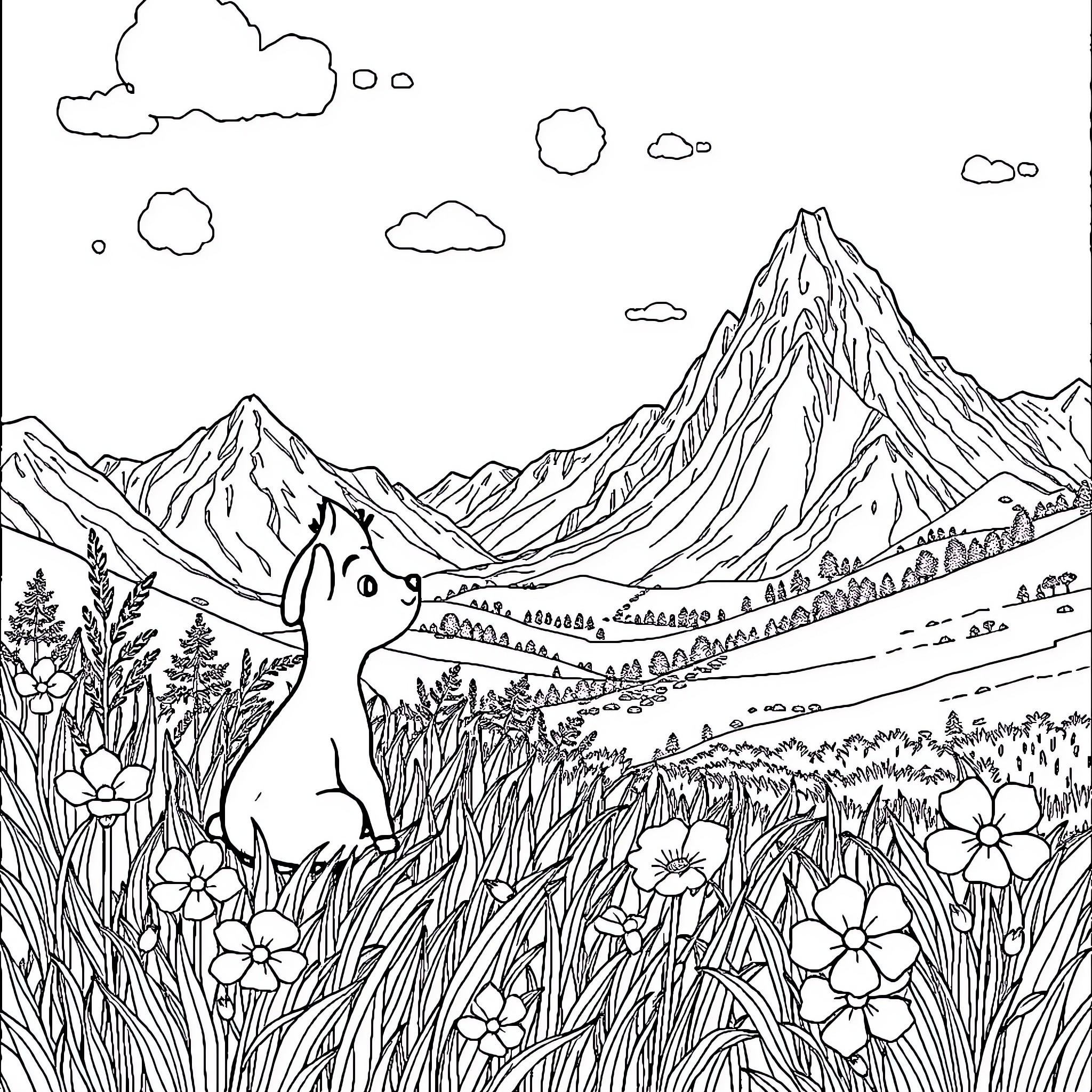 Girl exploring the mountainous landscape Coloring Page (free black-and-white line drawing printable PDF for all, from beginners to advanced learners, including children, teens, adults, and seniors)
