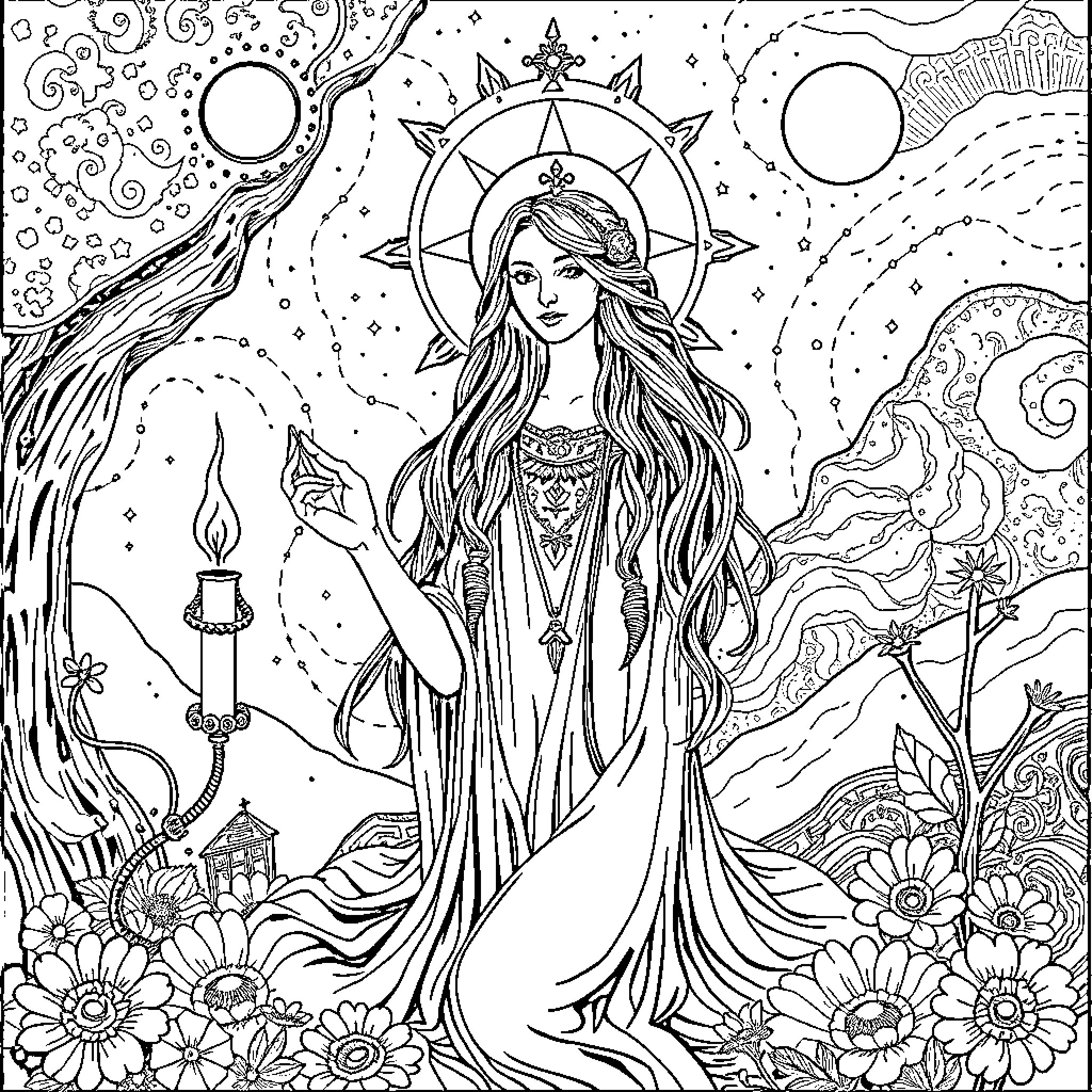 Woman in mystic attire with flowing hair in a cosmic landscape Coloring Page (free black-and-white line drawing printable PDF for all, from beginners to advanced learners, including children, teens, adults, and seniors)