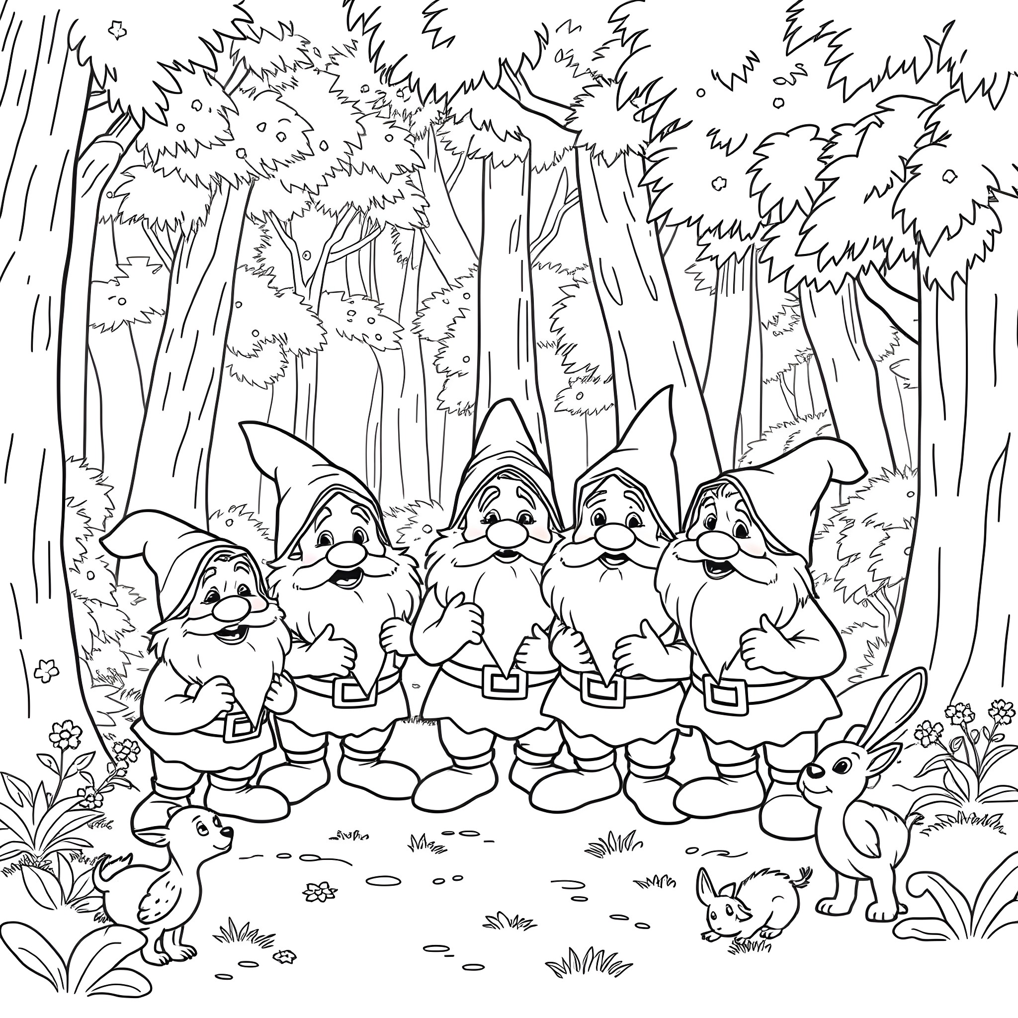 Dwarf gnomes exploring the enchanted forest Coloring Page (free black-and-white line drawing printable PDF for all, from beginners to advanced learners, including children, teens, adults, and seniors)
