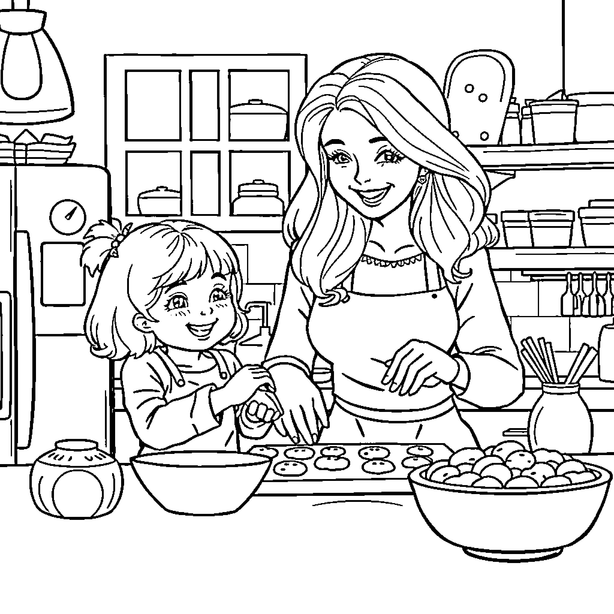 Mom and child baking cookies together in the kitchen Coloring Page (free black-and-white line drawing printable PDF for all, from beginners to advanced learners, including children, teens, adults, and seniors)