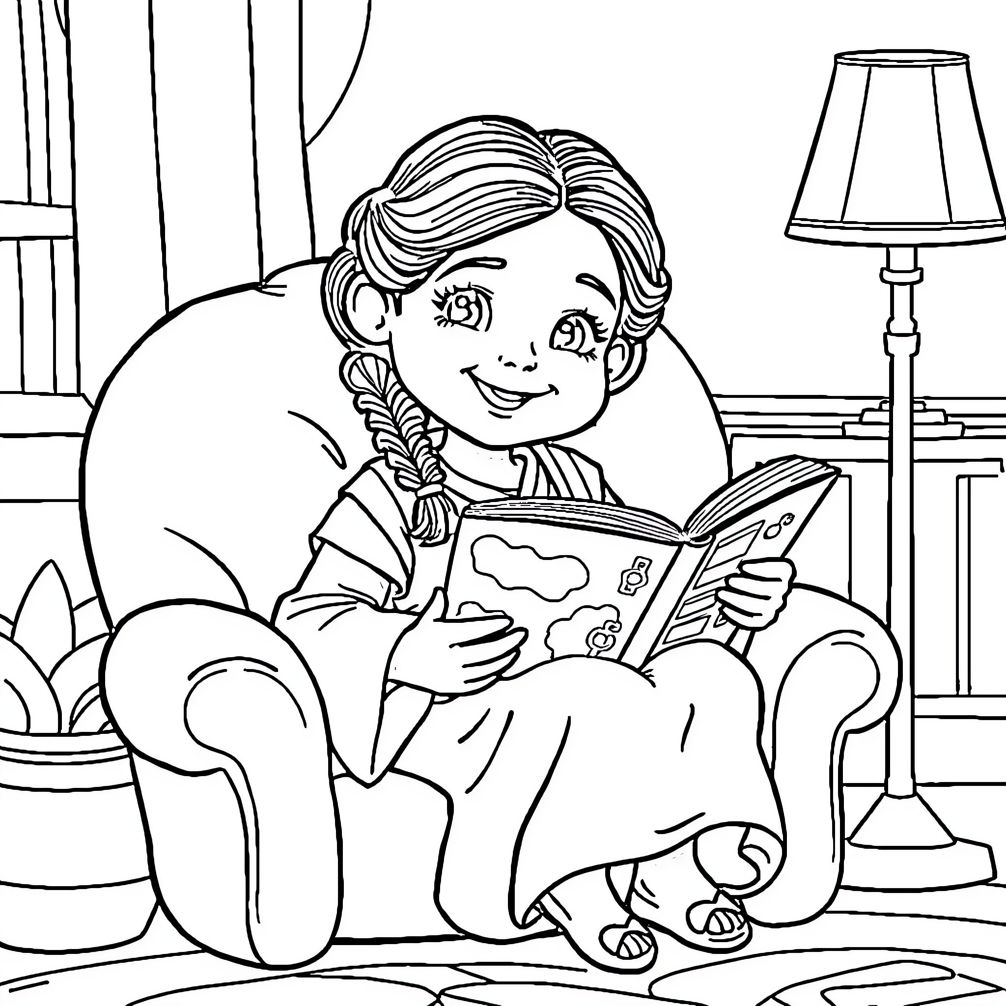 Princess Leia reading a book in a cozy interior Coloring Page (free black-and-white line drawing printable PDF for all, from beginners to advanced learners, including children, teens, adults, and seniors)