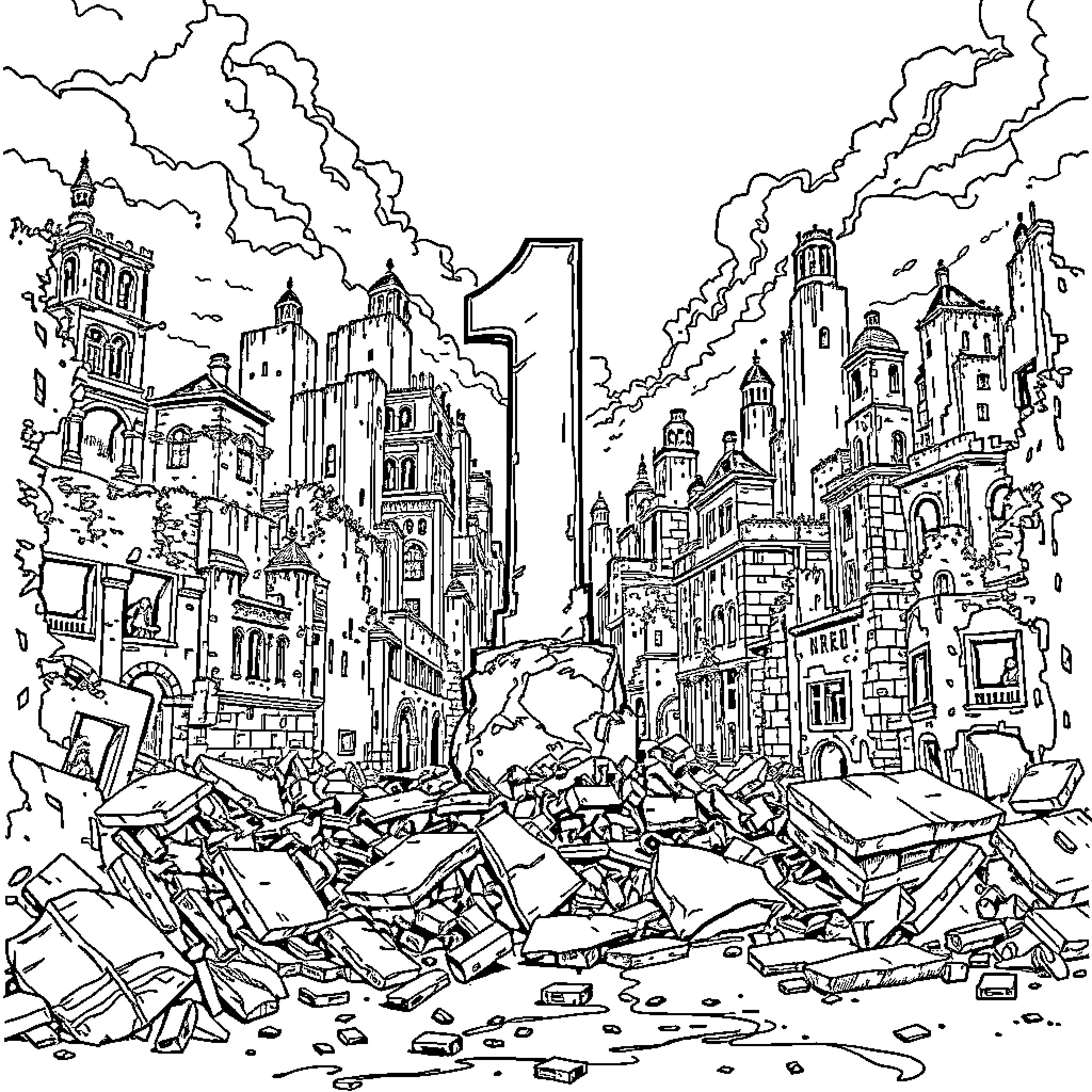 City of Rubble and Ruin in the Aftermath Coloring Page (free black-and-white line drawing printable PDF for all, from beginners to advanced learners, including children, teens, adults, and seniors)