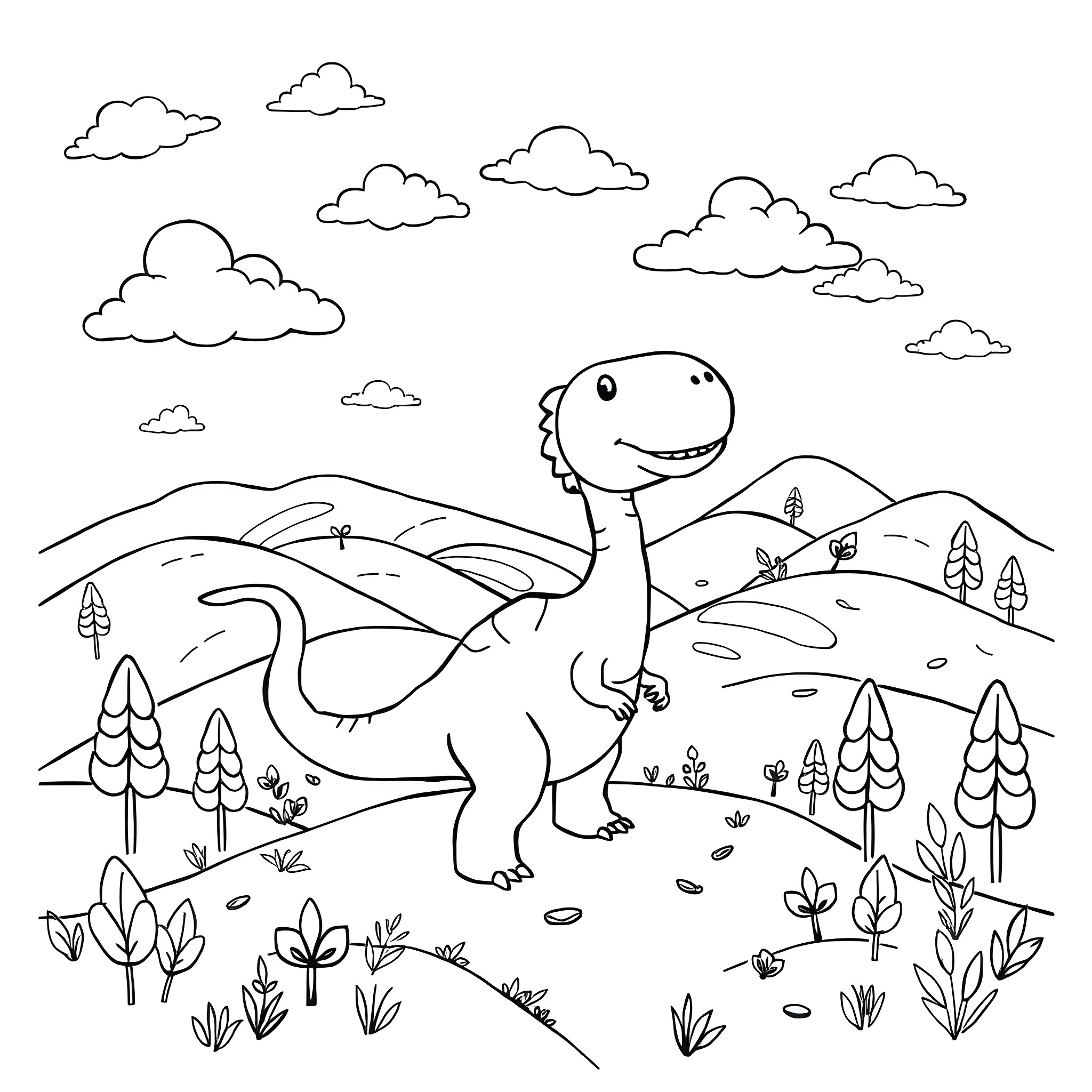Dinosaur exploring the scenic nature landscape Coloring Page (free black-and-white line drawing printable PDF for all, from beginners to advanced learners, including children, teens, adults, and seniors)