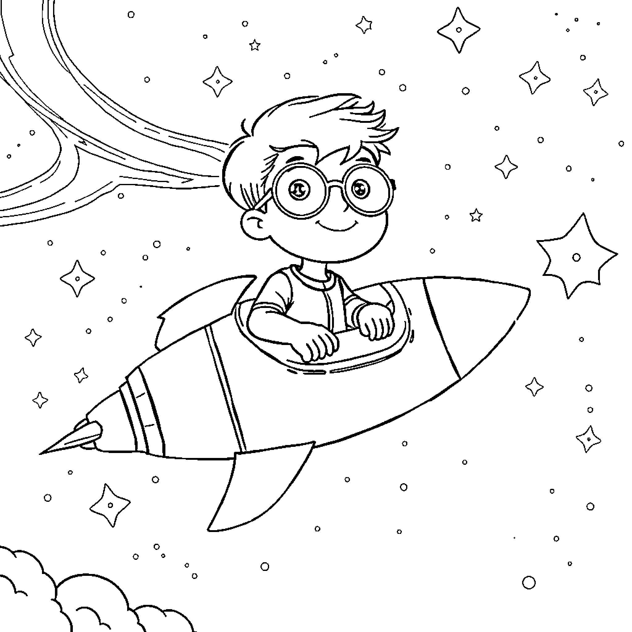 Boy riding on a rocket in the night sky Coloring Page (free black-and-white line drawing printable PDF for all, from beginners to advanced learners, including children, teens, adults, and seniors)