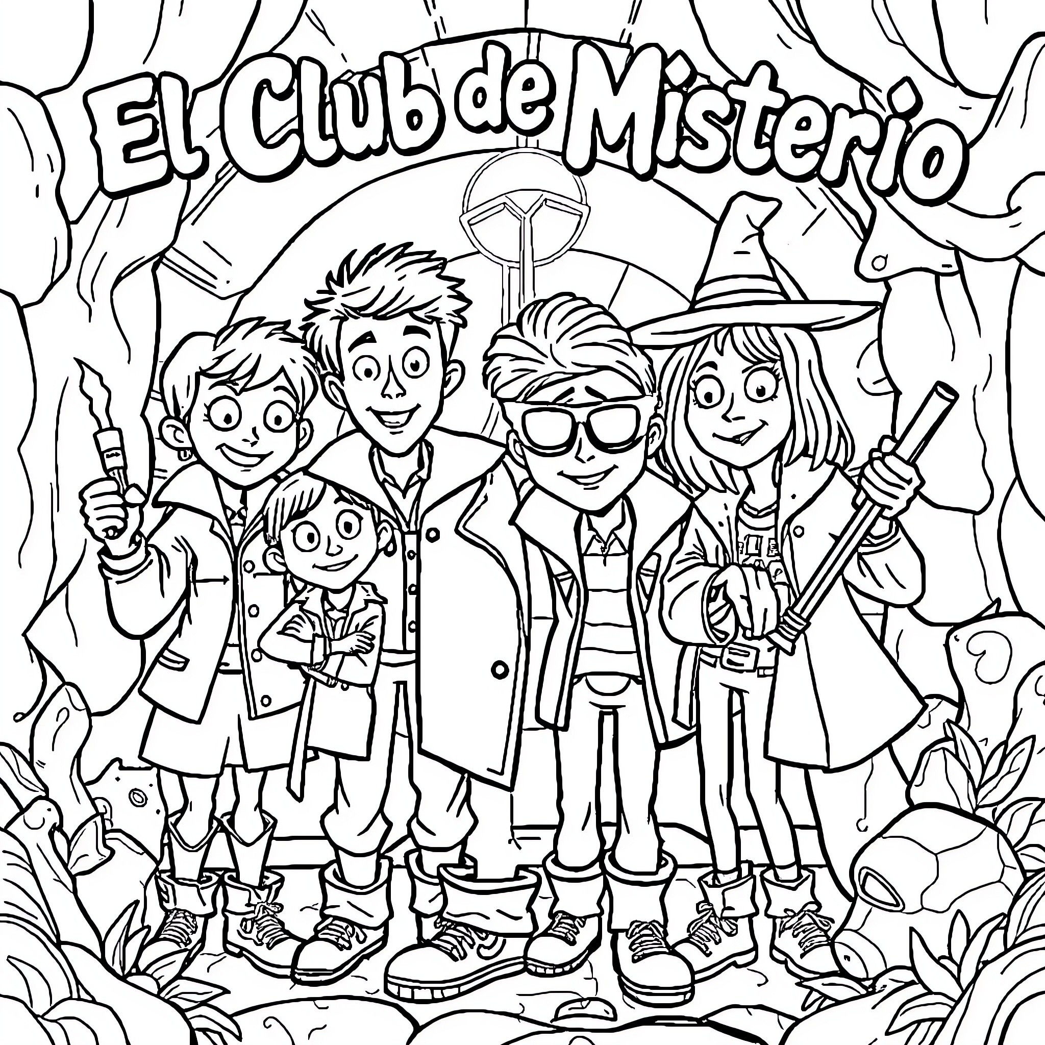 Mystery Club - Adventurous Detectives Exploring the Unknown Coloring Page (free black-and-white line drawing printable PDF for all, from beginners to advanced learners, including children, teens, adults, and seniors)