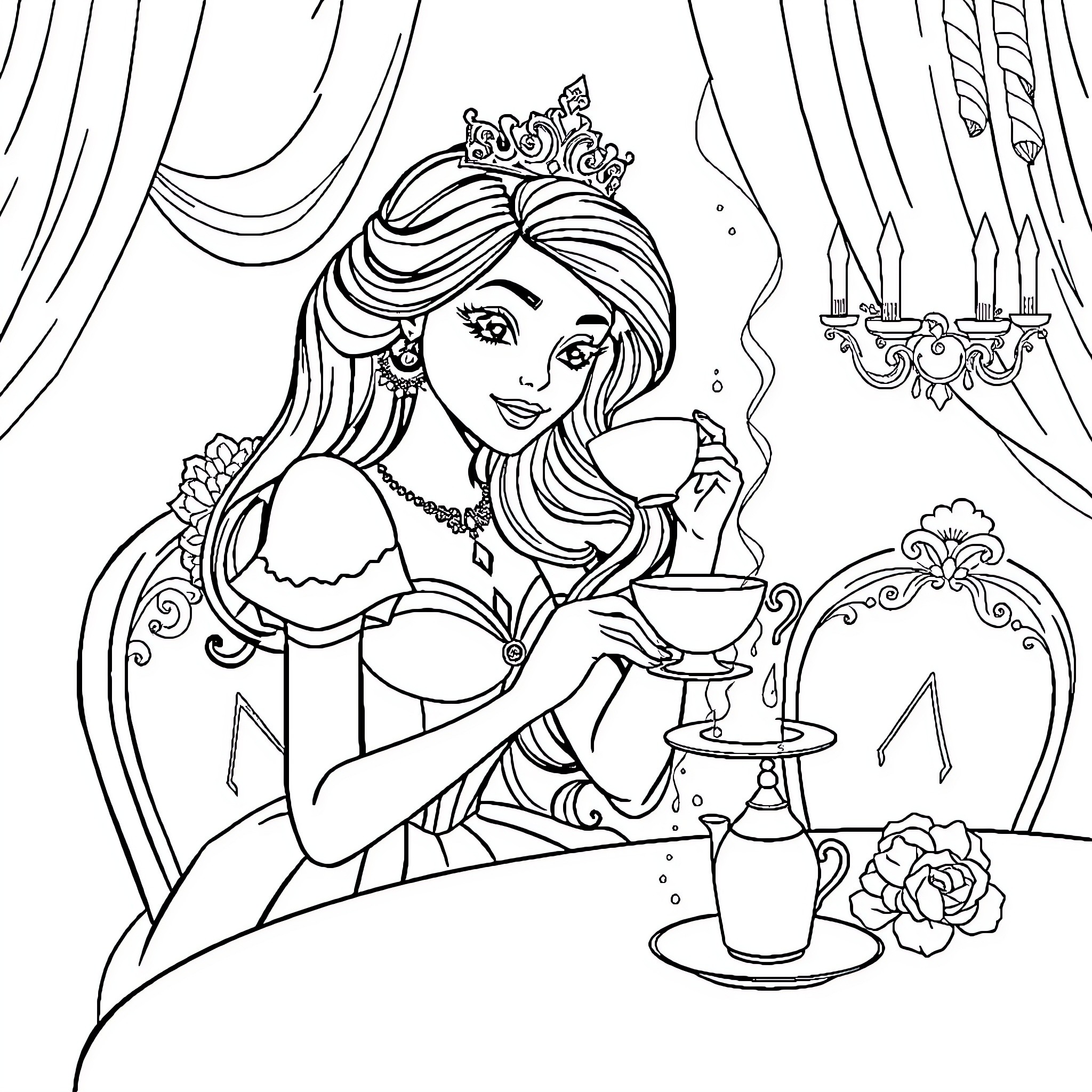 Princess sipping tea in an elegant setting Coloring Page (free black-and-white line drawing printable PDF for all, from beginners to advanced learners, including children, teens, adults, and seniors)