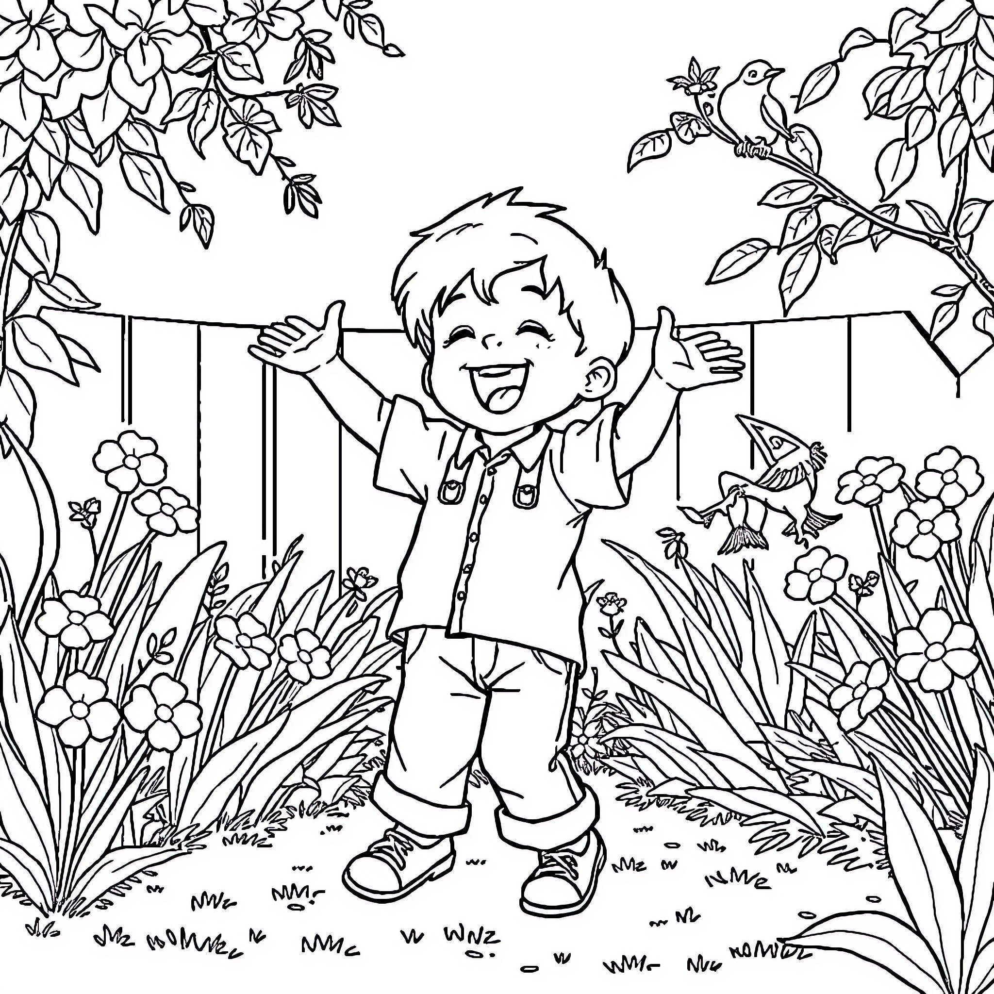 Boy exploring nature joyfully in garden landscape Coloring Page (free black-and-white line drawing printable PDF for all, from beginners to advanced learners, including children, teens, adults, and seniors)