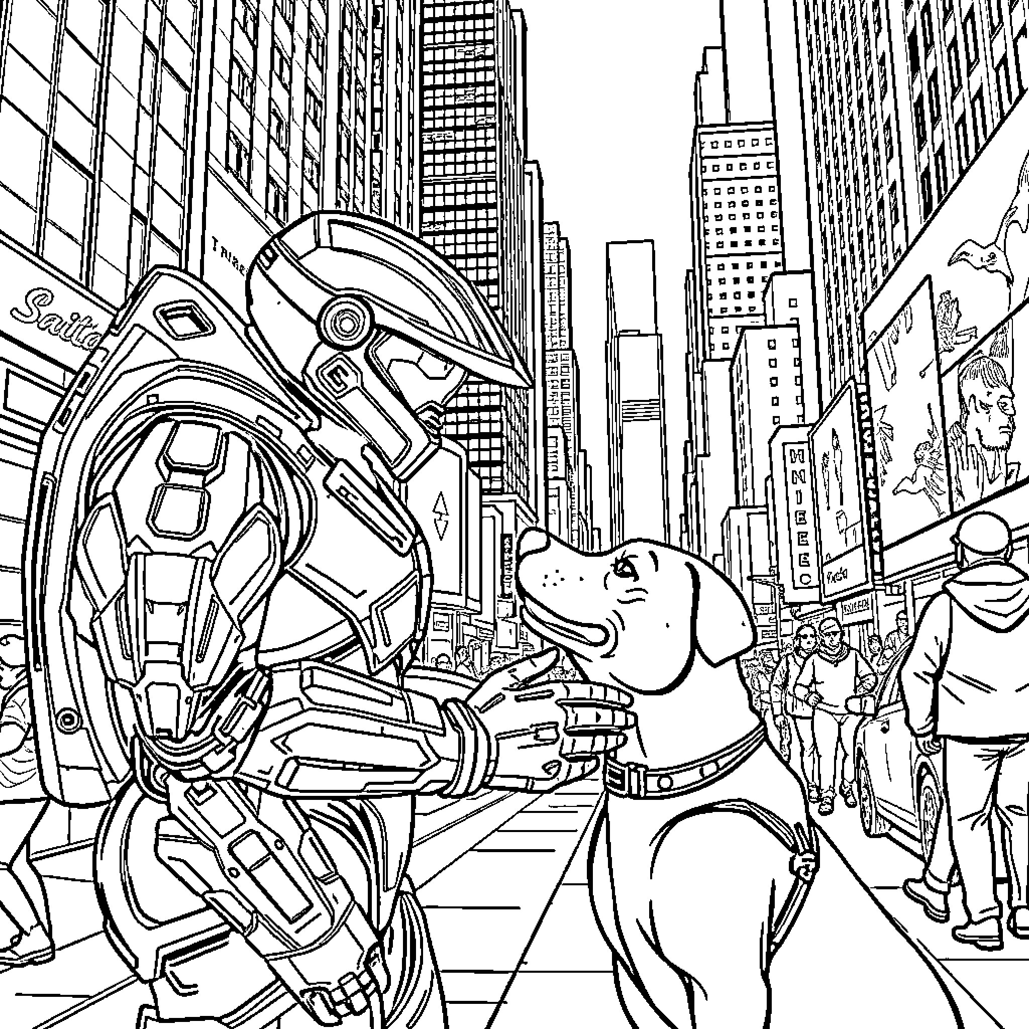 Master Chief battles giant robot in futuristic city Coloring Page (free black-and-white line drawing printable PDF for all, from beginners to advanced learners, including children, teens, adults, and seniors)