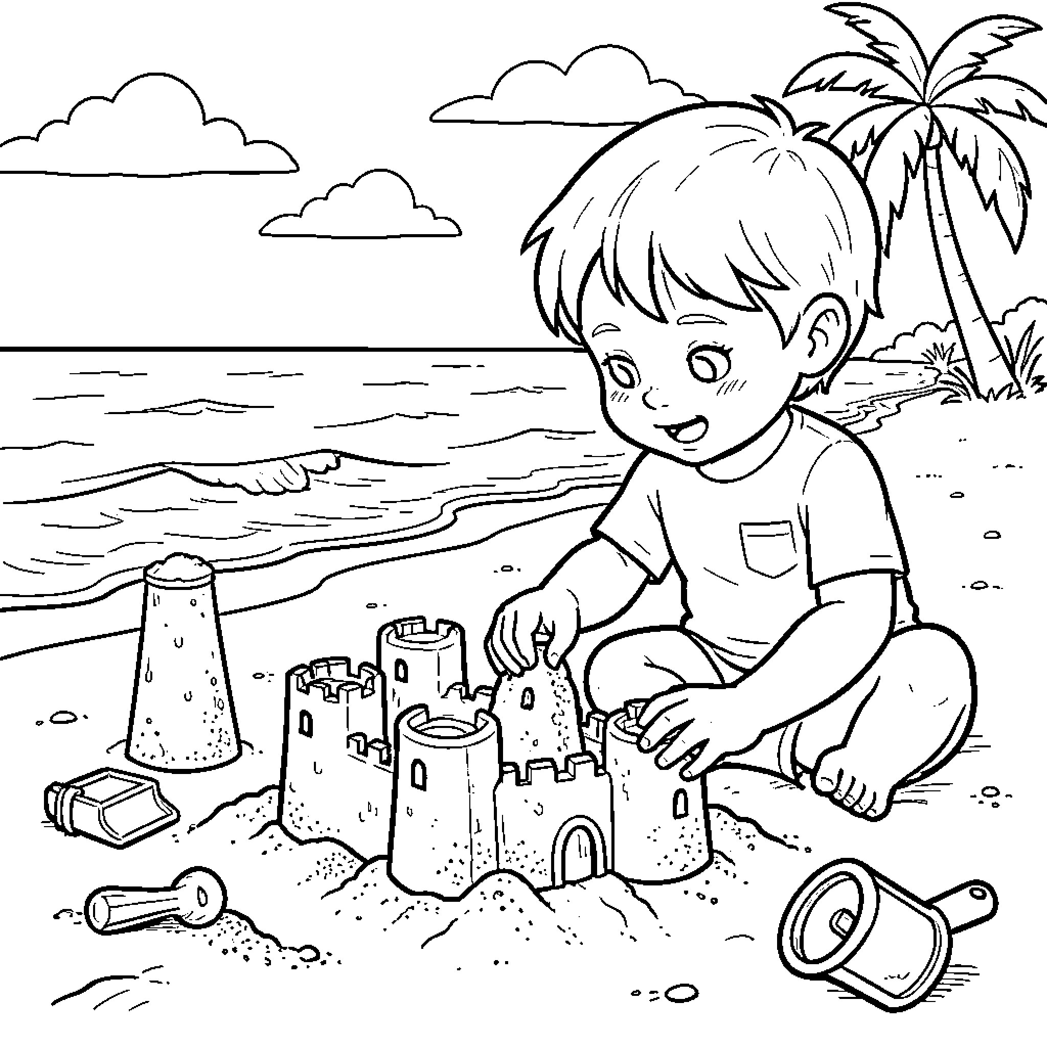 Niño playing with sand castle at the beach Coloring Page (free black-and-white line drawing printable PDF for all, from beginners to advanced learners, including children, teens, adults, and seniors)