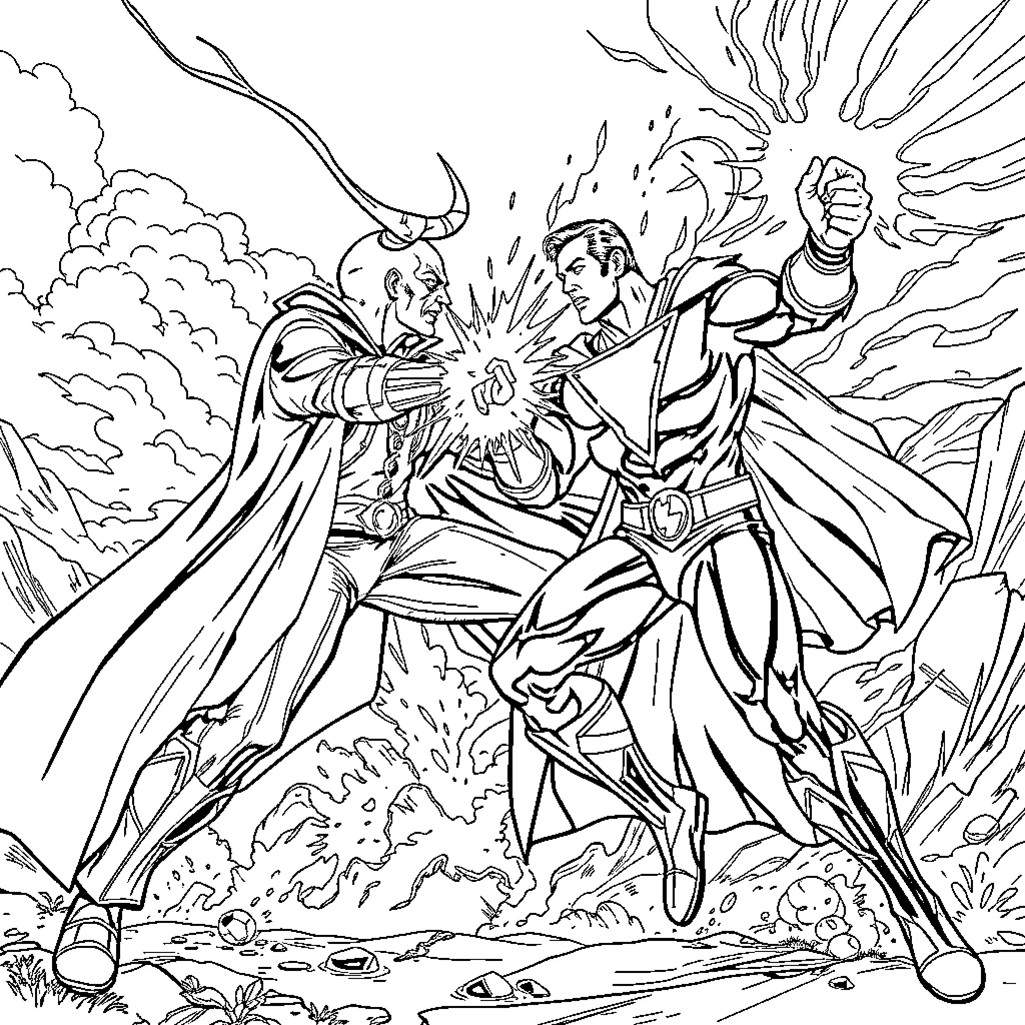 Doctor Sivana battling a heroic figure in a dramatic scene Coloring Page (free black-and-white line drawing printable PDF for all, from beginners to advanced learners, including children, teens, adults, and seniors)