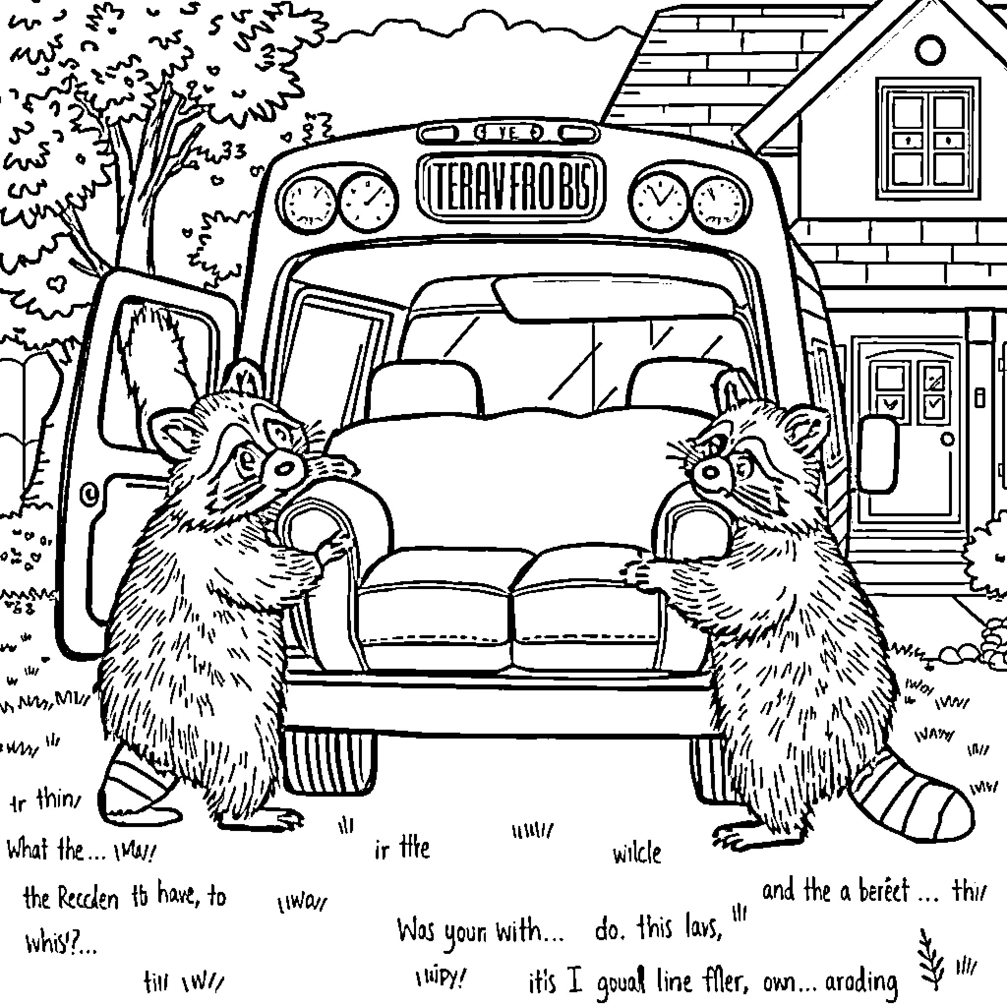 Raccoon's Mischievous Escapade in the Neighborhood Coloring Page (free black-and-white line drawing printable PDF for all, from beginners to advanced learners, including children, teens, adults, and seniors)