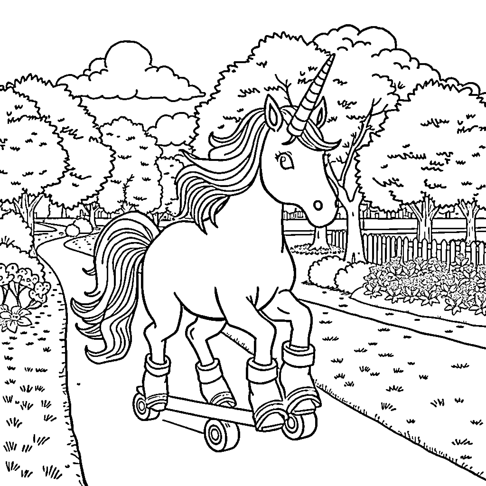 Unicorn riding roller skates in a magical forest Coloring Page (free black-and-white line drawing printable PDF for all, from beginners to advanced learners, including children, teens, adults, and seniors)