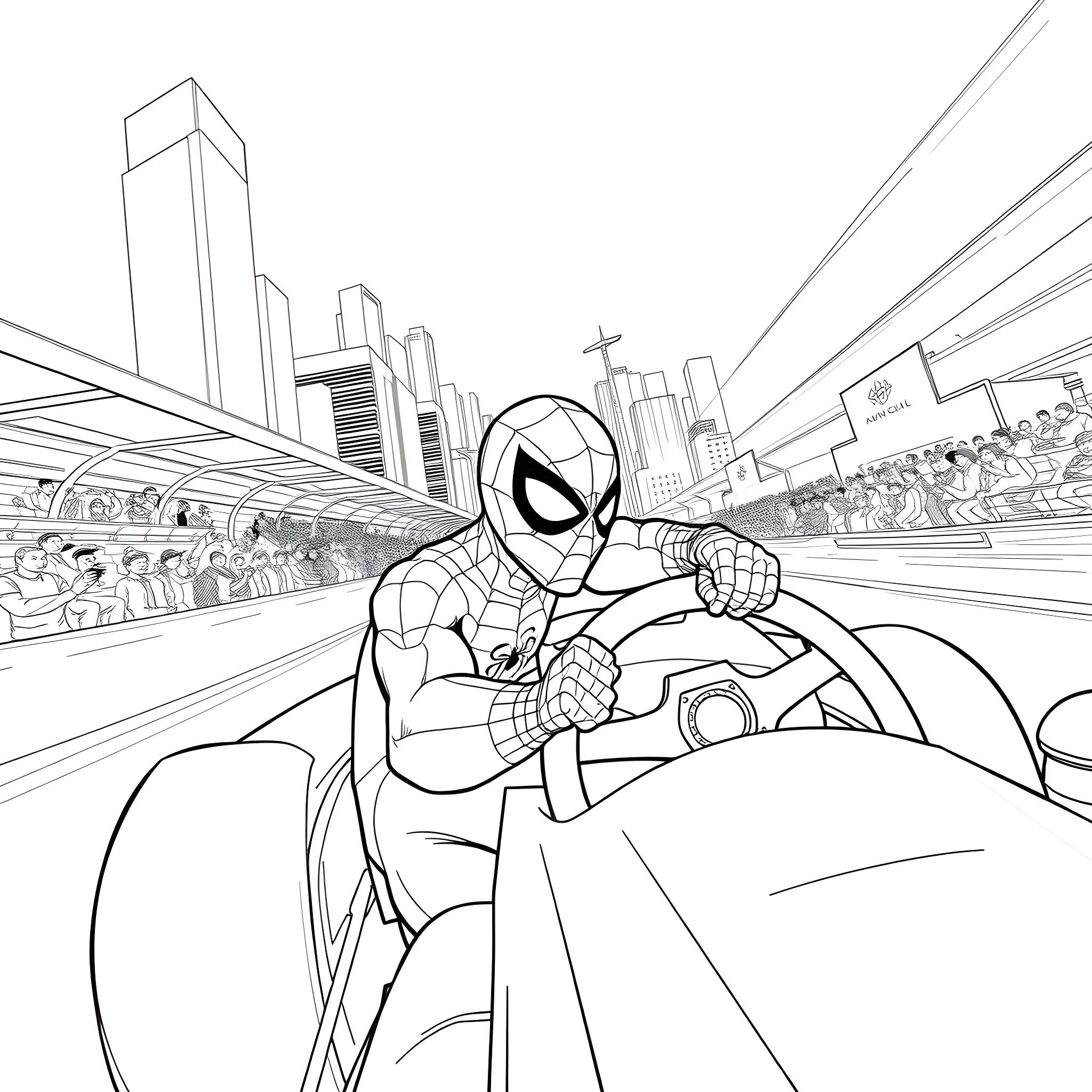 Spiderman swinging through the city Coloring Page (free black-and-white line drawing printable PDF for all, from beginners to advanced learners, including children, teens, adults, and seniors)