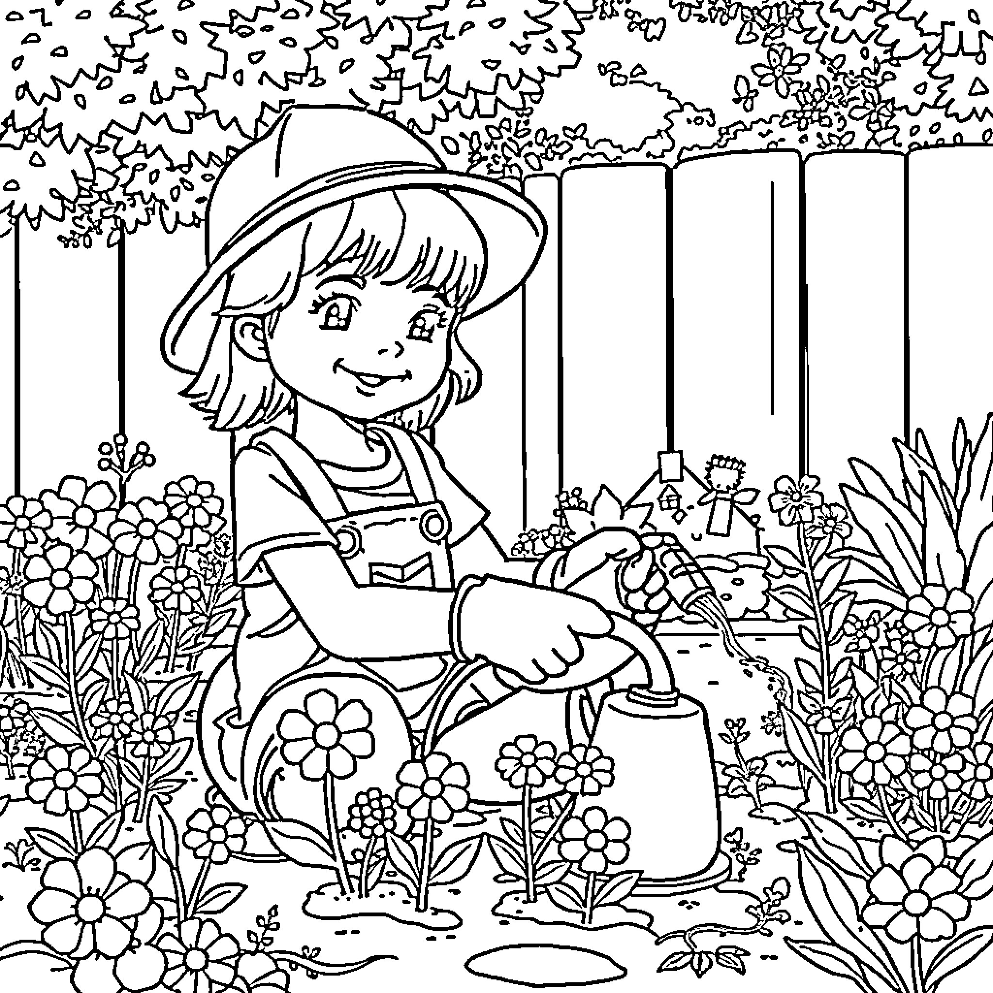 Girl watering flowers in a garden Coloring Page (free black-and-white line drawing printable PDF for all, from beginners to advanced learners, including children, teens, adults, and seniors)