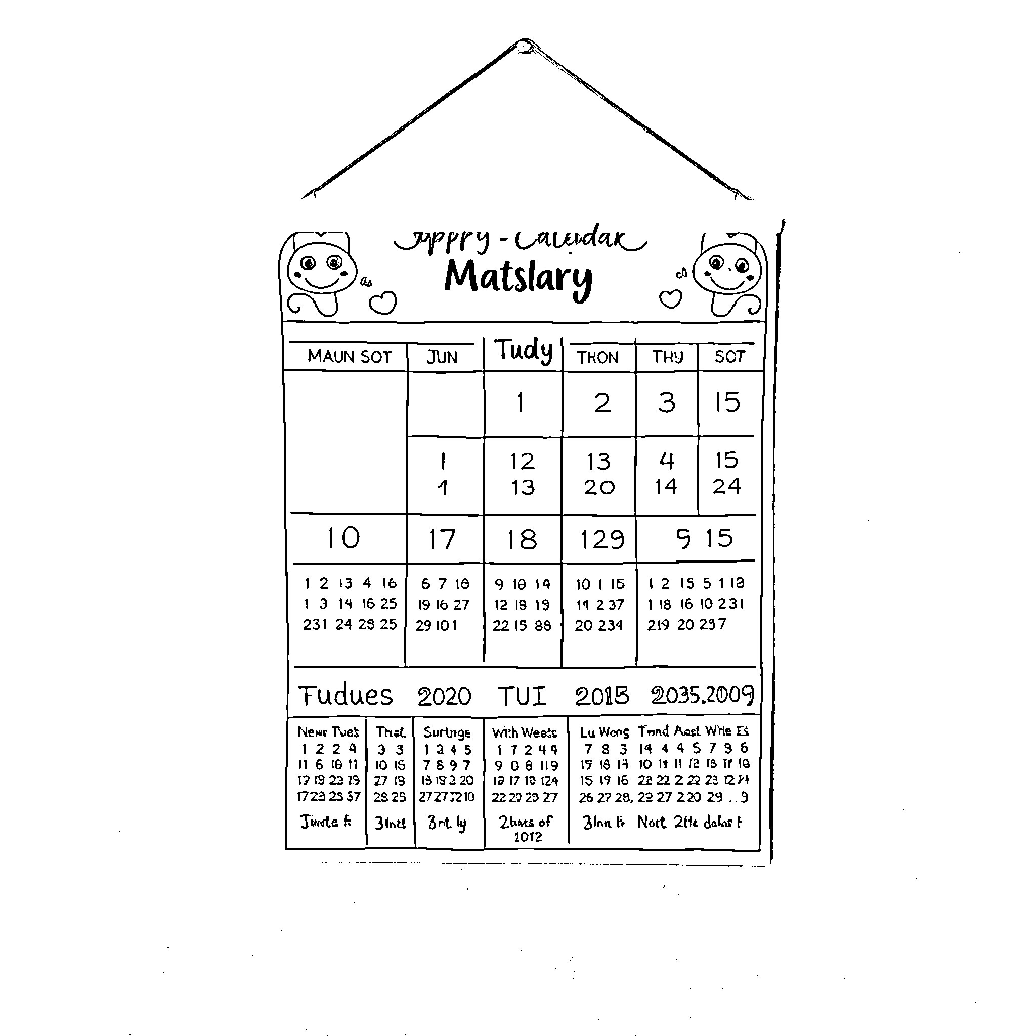 Calendar with Whimsical Characters and Dates Coloring Page (free black-and-white line drawing printable PDF for all, from beginners to advanced learners, including children, teens, adults, and seniors)