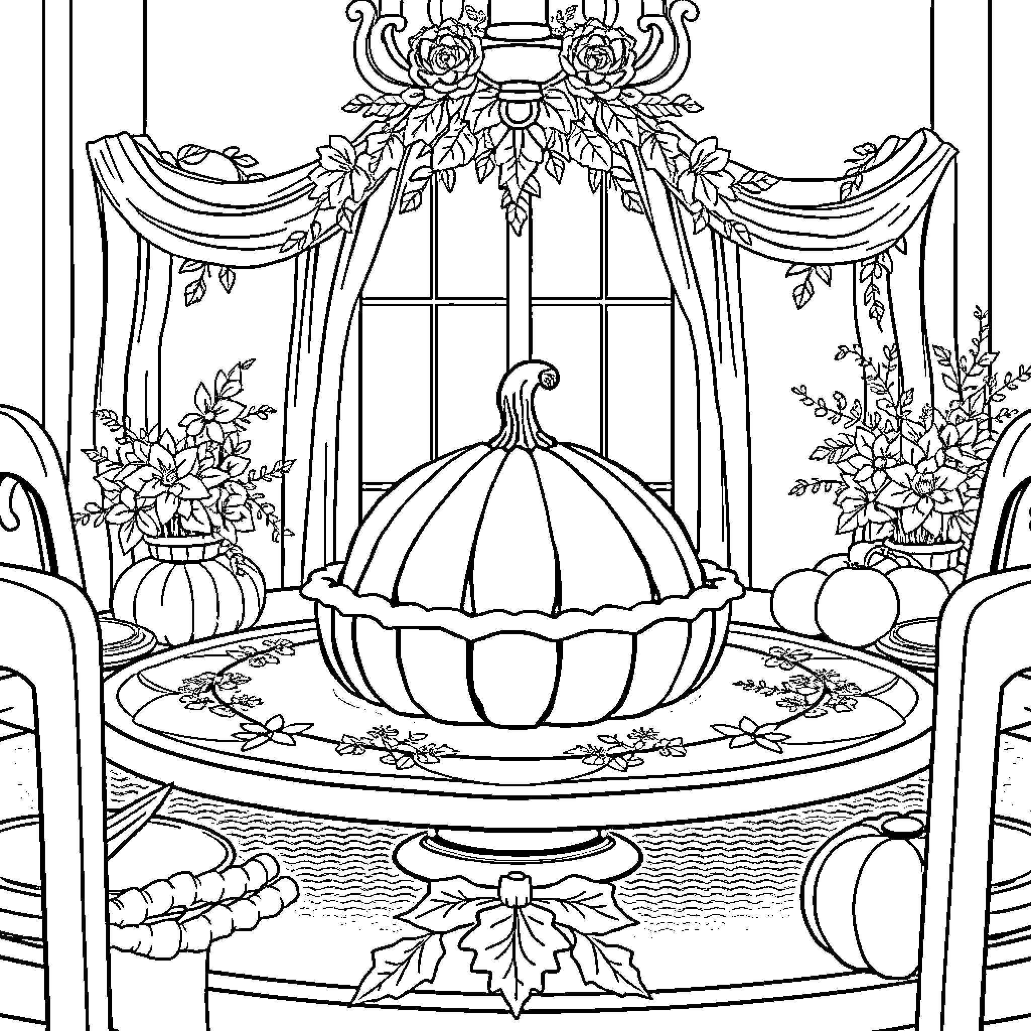 Pumpkin in ornate floral display Coloring Page (free black-and-white line drawing printable PDF for all, from beginners to advanced learners, including children, teens, adults, and seniors)