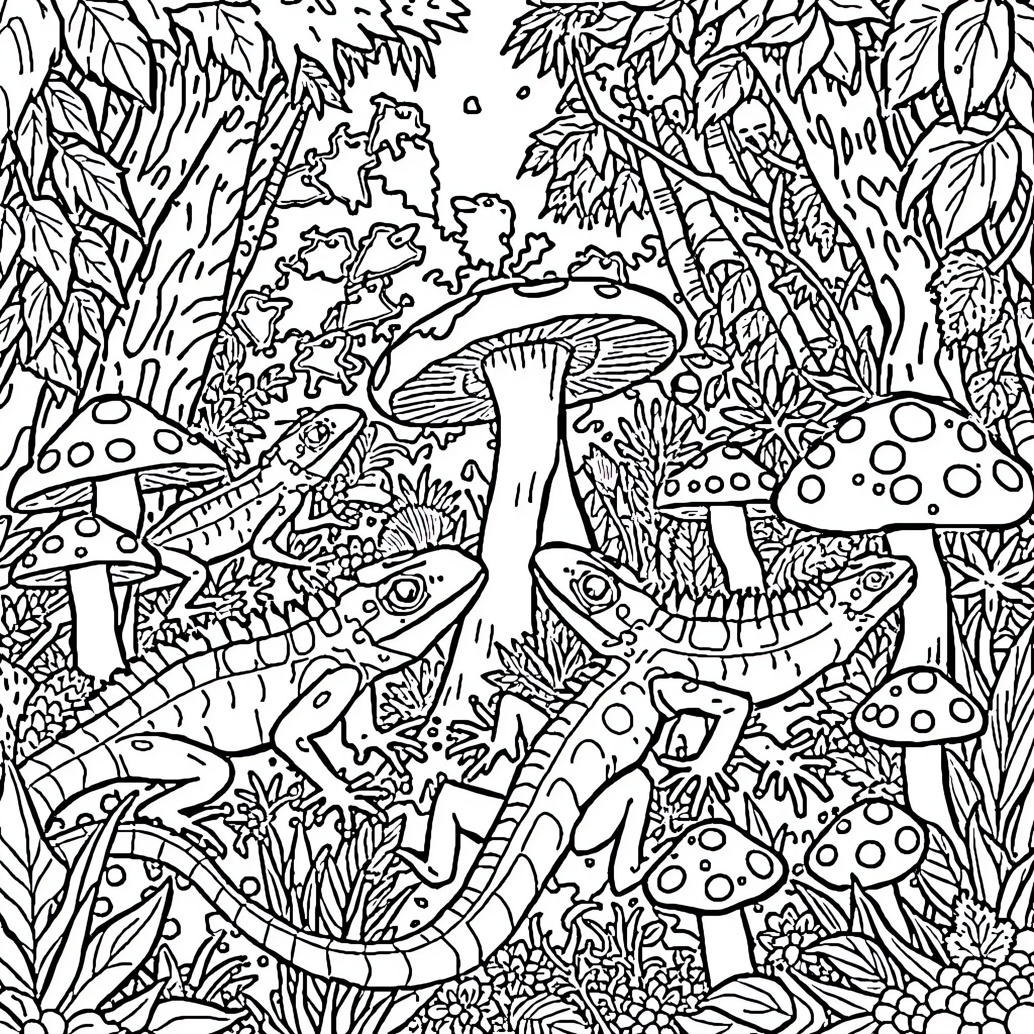 Lizard exploring the enchanted mushroom forest Coloring Page (free black-and-white line drawing printable PDF for all, from beginners to advanced learners, including children, teens, adults, and seniors)