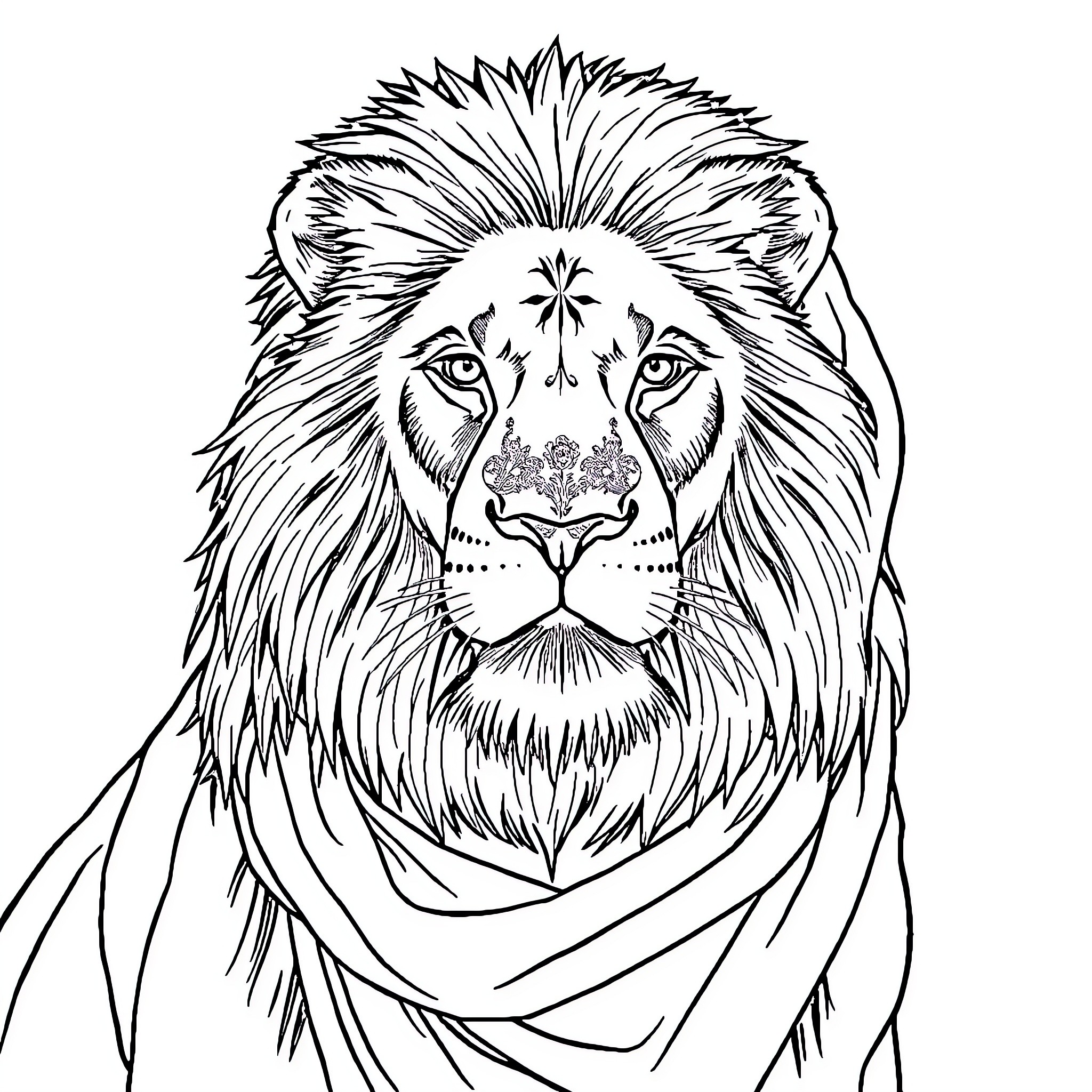 Lion with Intricate Facial Details Coloring Page (free black-and-white line drawing printable PDF for all, from beginners to advanced learners, including children, teens, adults, and seniors)