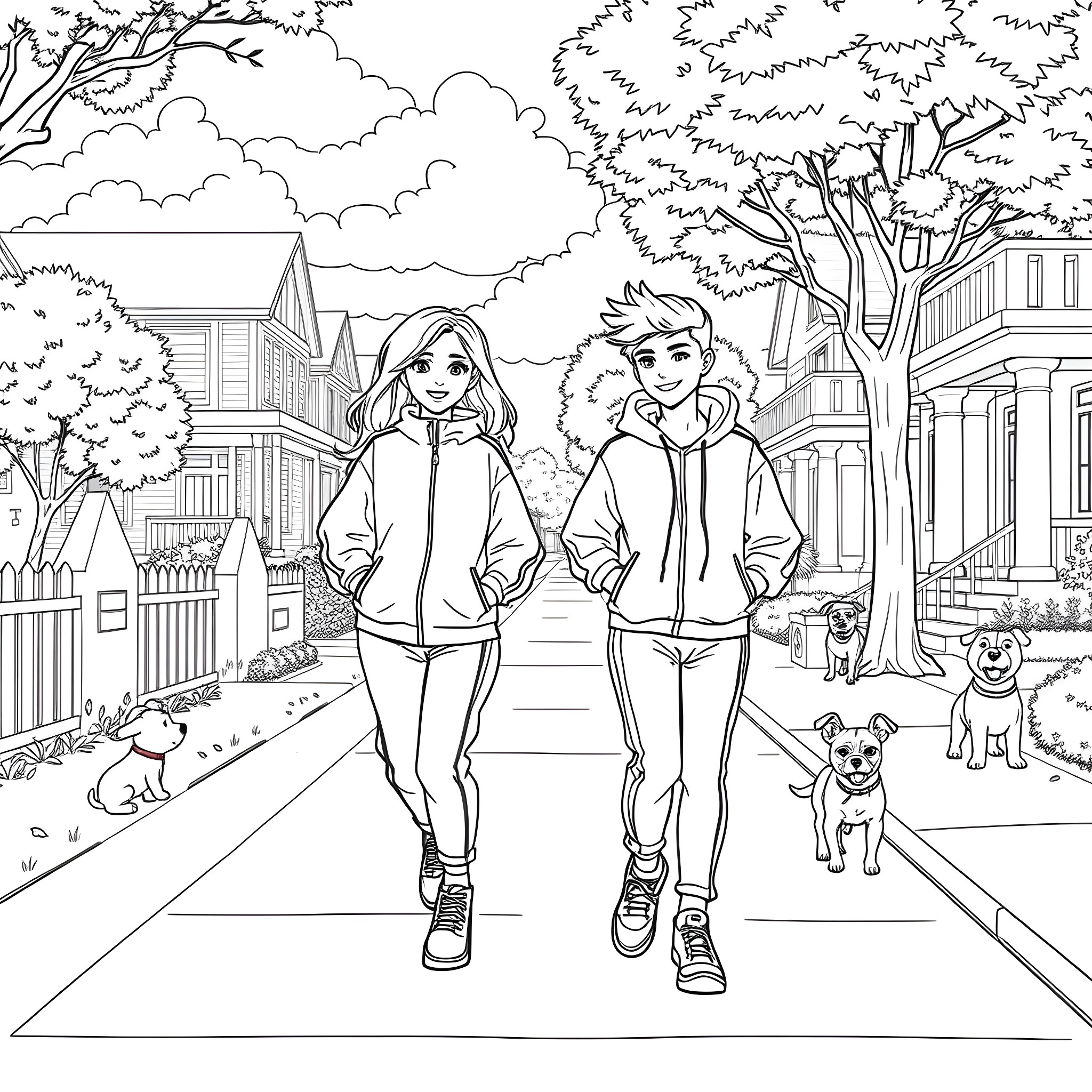 Pre-teen friends strolling through a scenic neighborhood Coloring Page (free black-and-white line drawing printable PDF for all, from beginners to advanced learners, including children, teens, adults, and seniors)