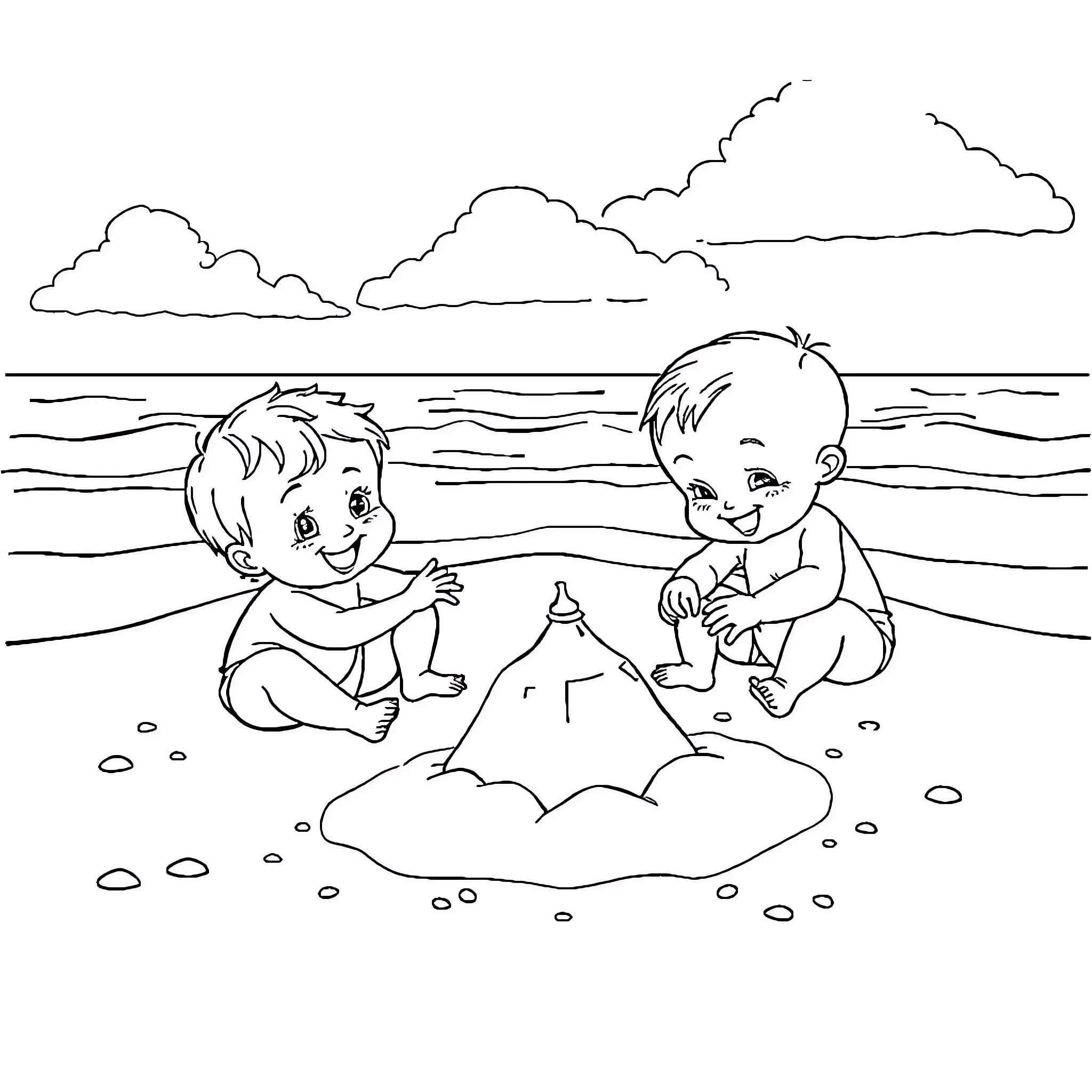 Baby siblings building sandcastle on beach Coloring Page (free black-and-white line drawing printable PDF for all, from beginners to advanced learners, including children, teens, adults, and seniors)