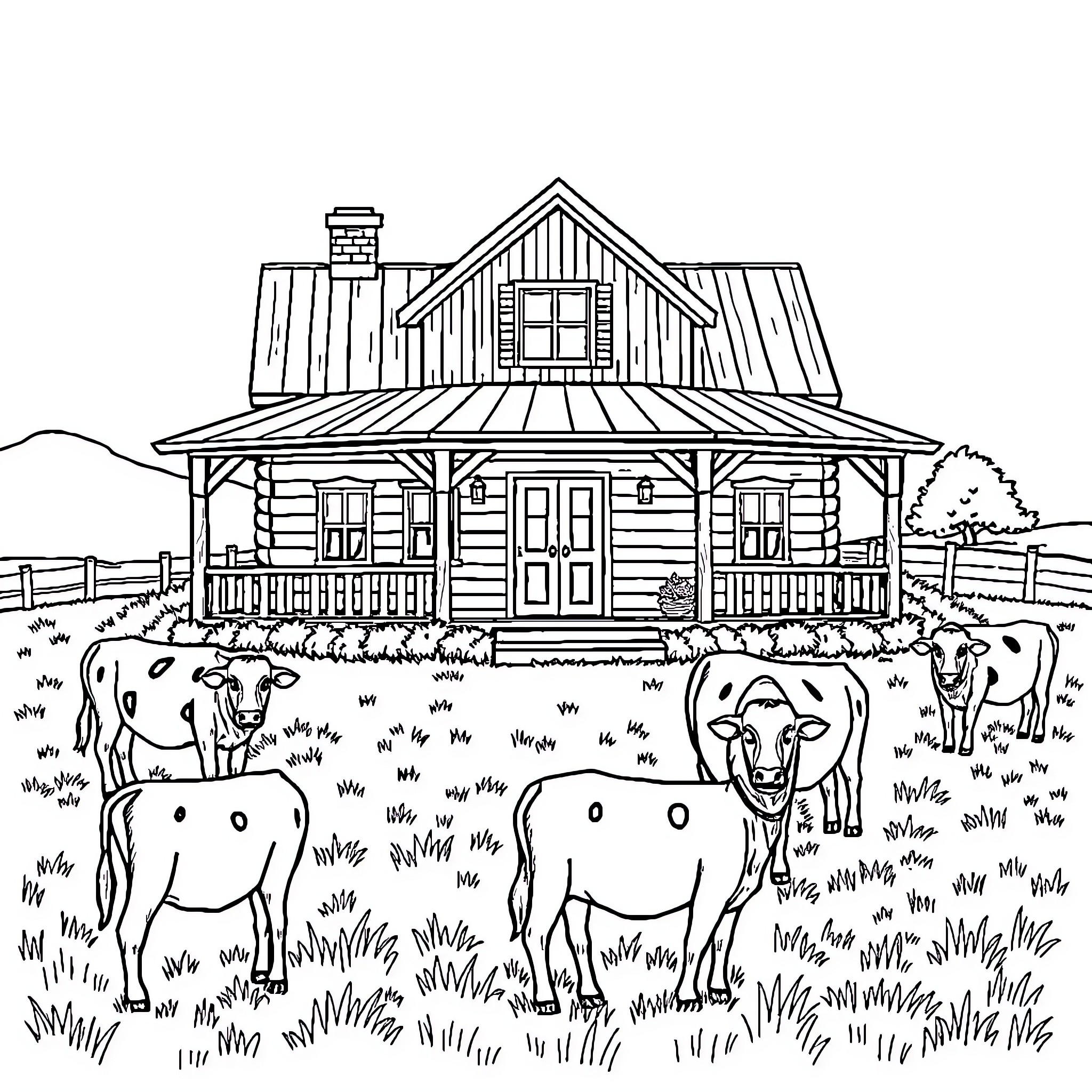 House with Farmhouse Scenery and Cows Coloring Page (free black-and-white line drawing printable PDF for all, from beginners to advanced learners, including children, teens, adults, and seniors)