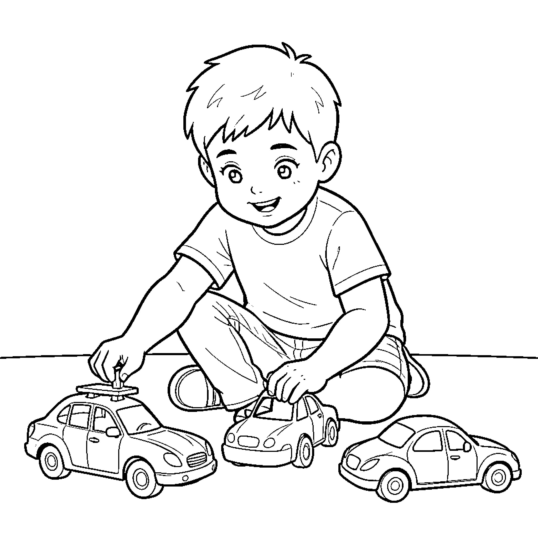 Boy playing joyfully with toy cars on the floor Coloring Page (free black-and-white line drawing printable PDF for all, from beginners to advanced learners, including children, teens, adults, and seniors)
