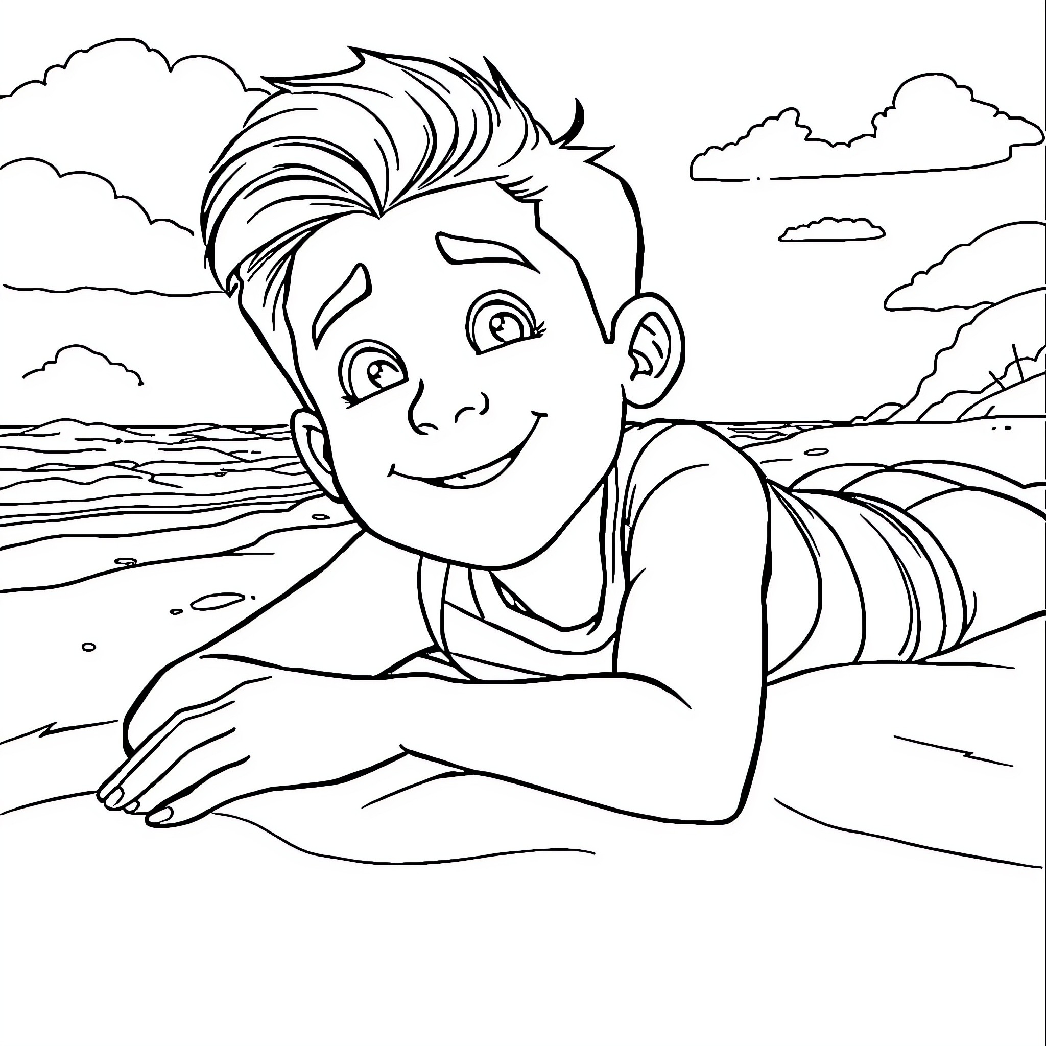 Tom Holland playing happily at the beach Coloring Page (free black-and-white line drawing printable PDF for all, from beginners to advanced learners, including children, teens, adults, and seniors)