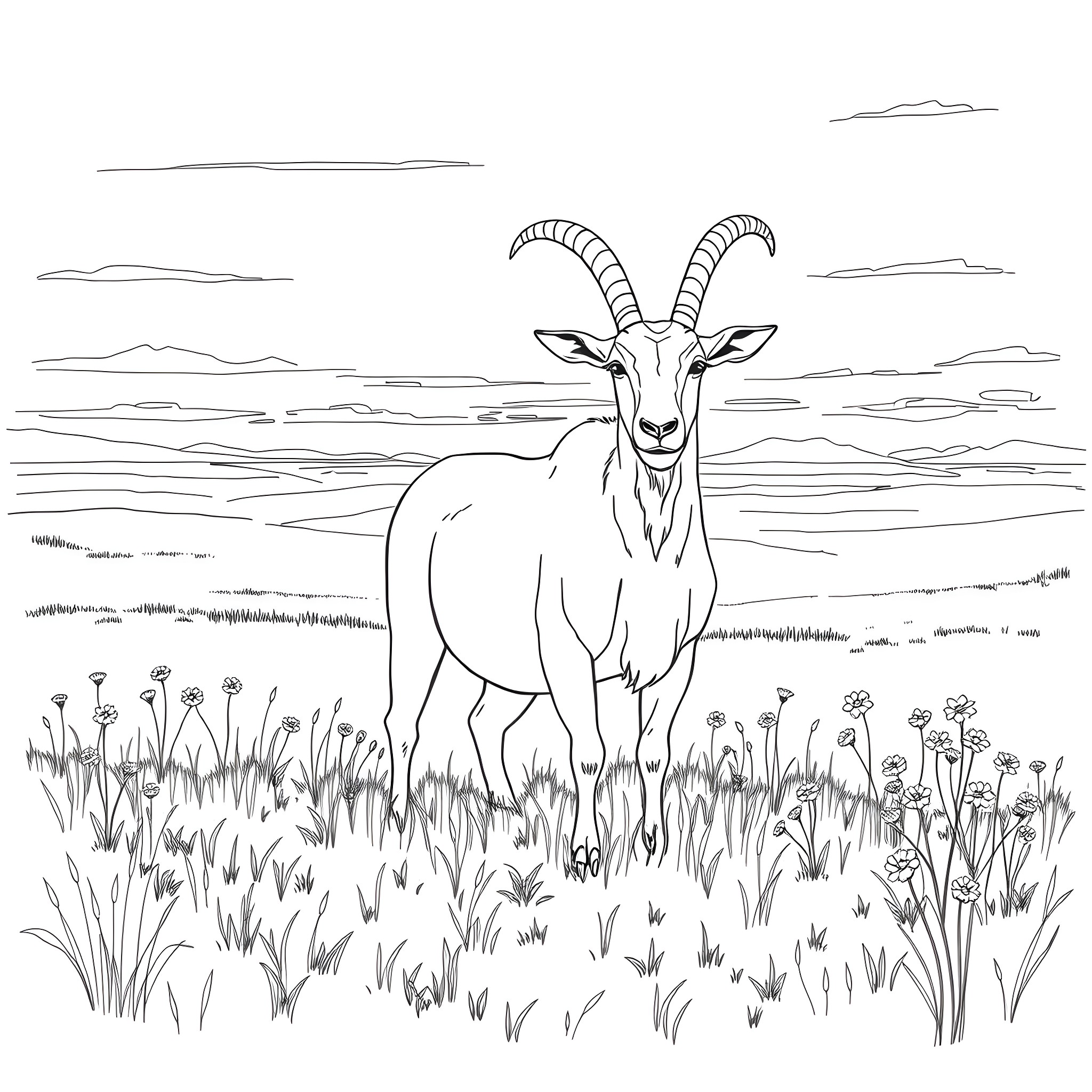 Goat standing proudly in a meadow Coloring Page (free black-and-white line drawing printable PDF for all, from beginners to advanced learners, including children, teens, adults, and seniors)