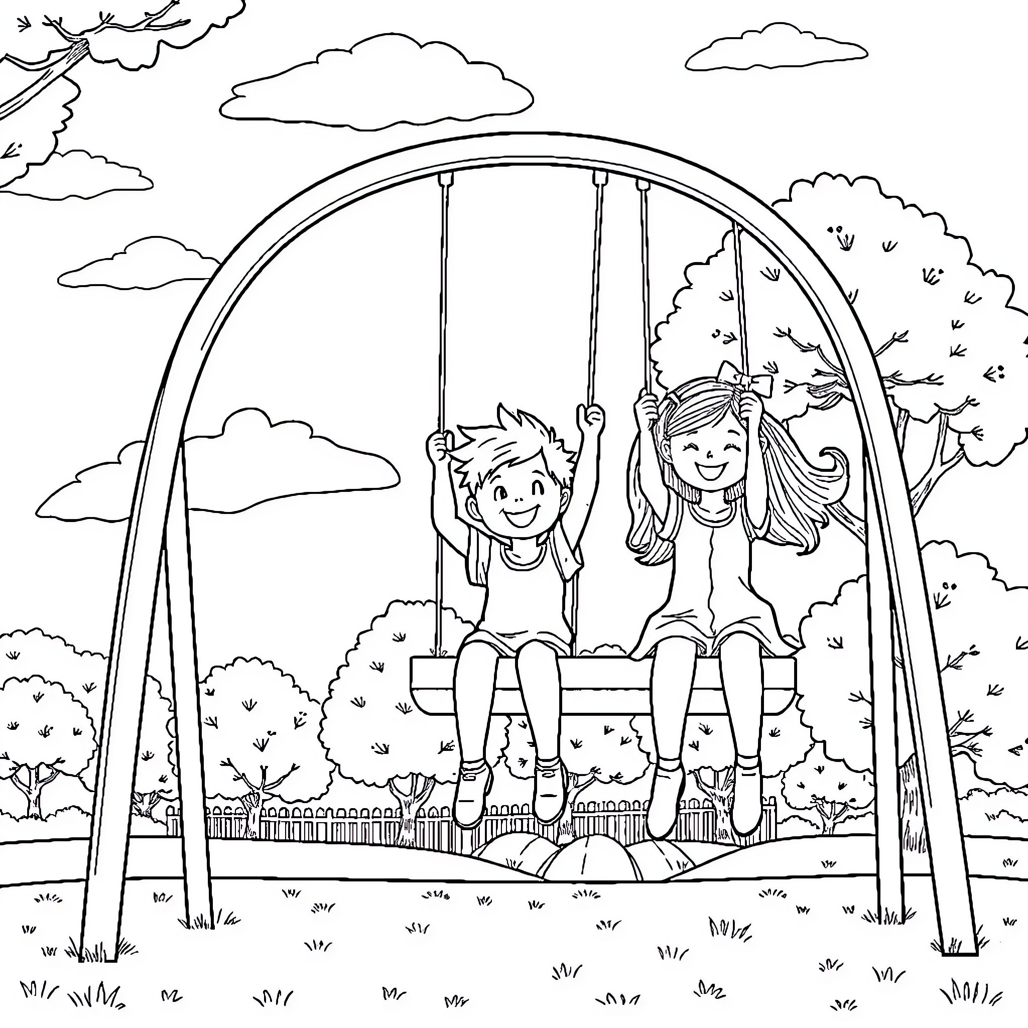 Kids Joyfully Swinging on Playground Coloring Page (free black-and-white line drawing printable PDF for all, from beginners to advanced learners, including children, teens, adults, and seniors)