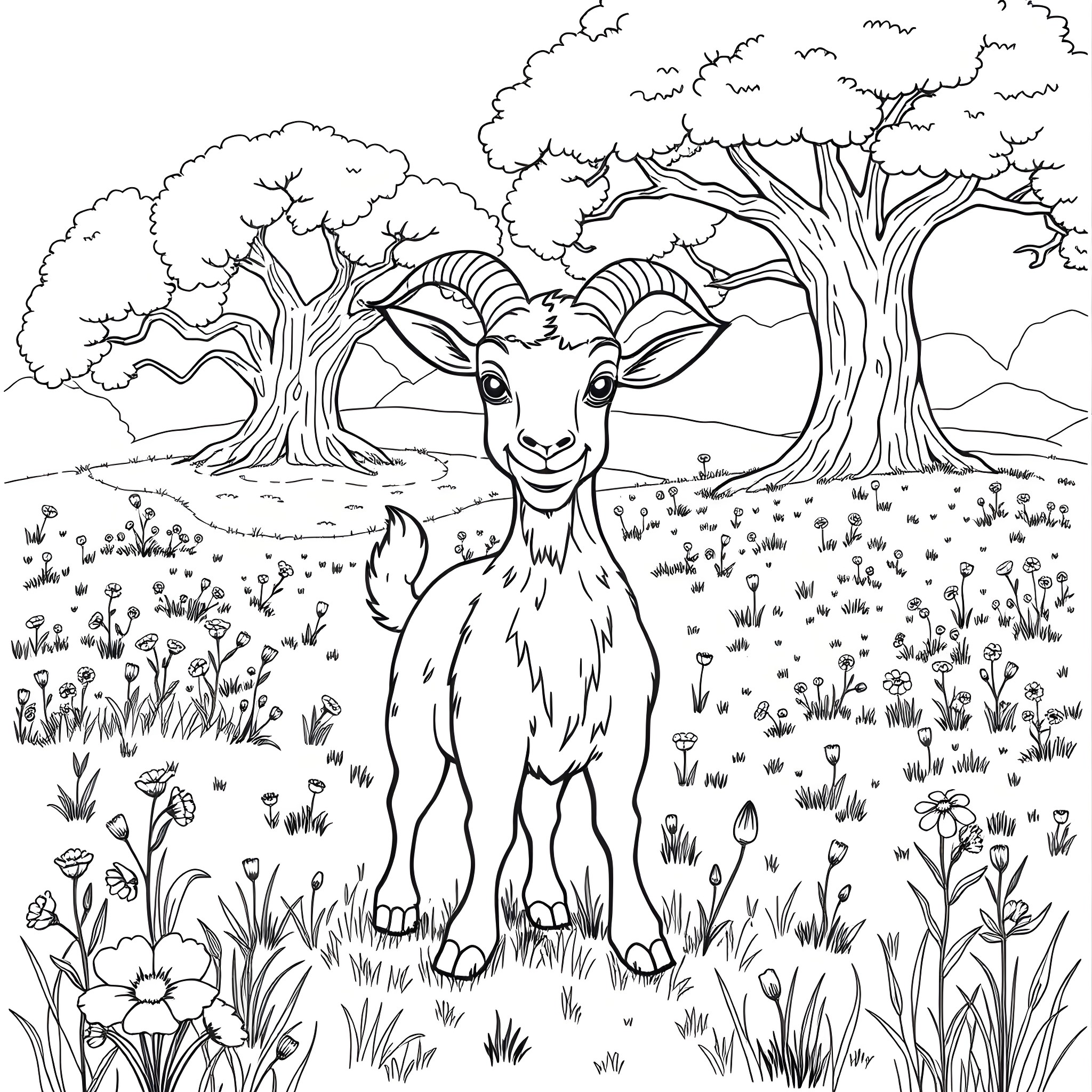 Goat Human enjoying the serene forest landscape Coloring Page (free black-and-white line drawing printable PDF for all, from beginners to advanced learners, including children, teens, adults, and seniors)