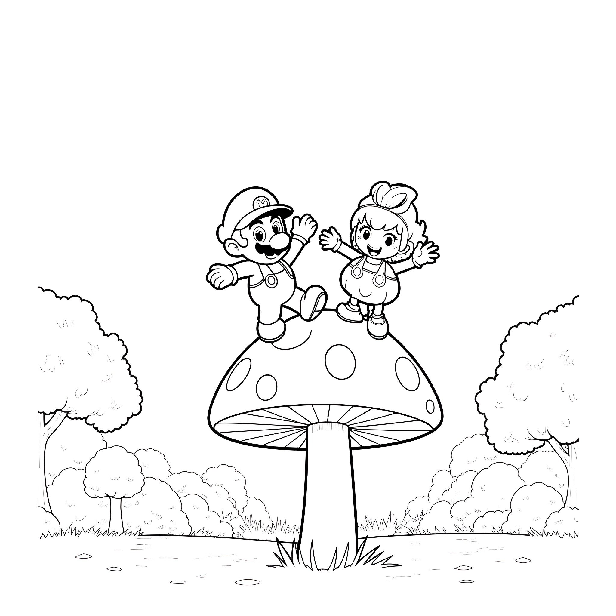 Mario and friend playing on a mushroom in the forest Coloring Page (free black-and-white line drawing printable PDF for all, from beginners to advanced learners, including children, teens, adults, and seniors)