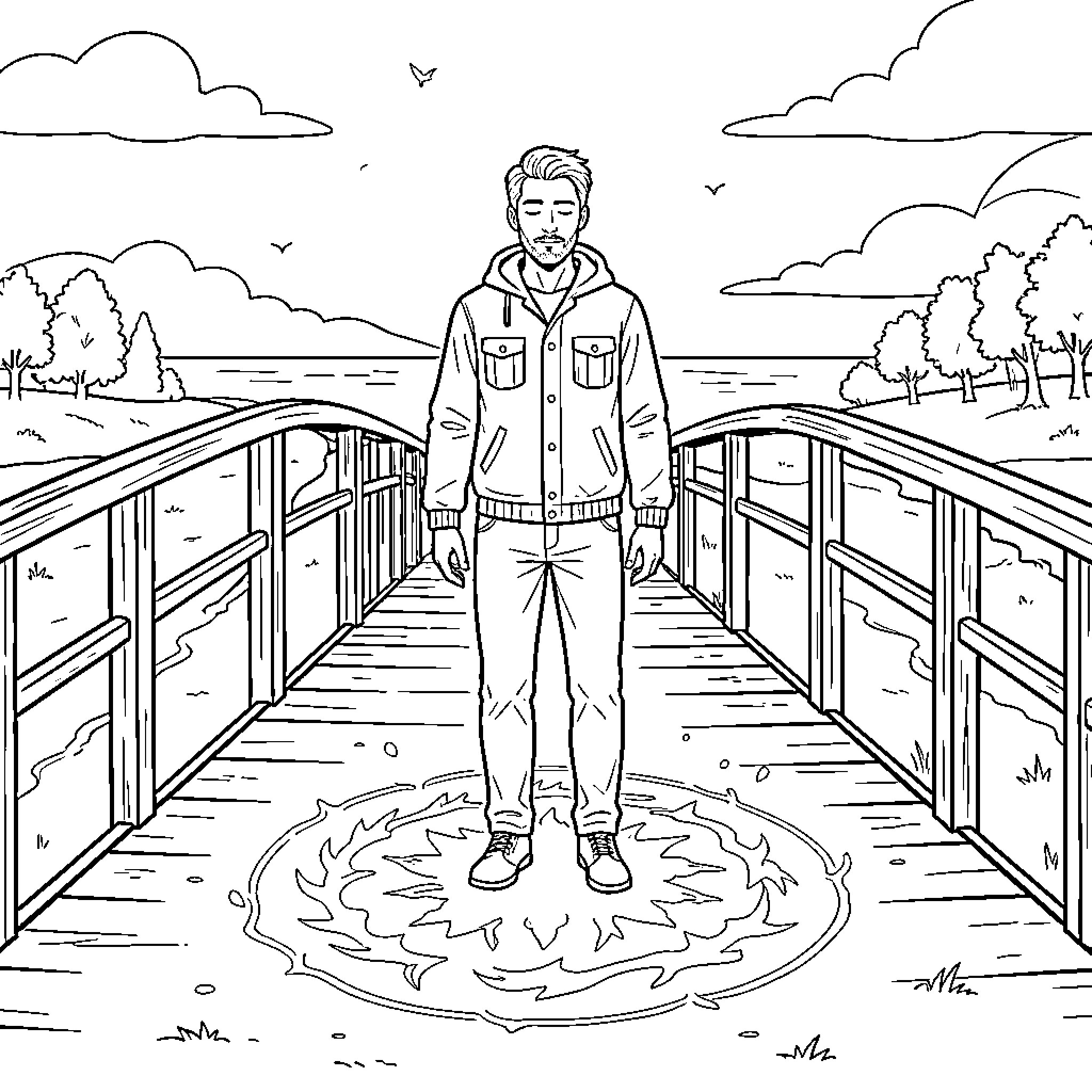Man standing on a bridge over a pond Coloring Page (free black-and-white line drawing printable PDF for all, from beginners to advanced learners, including children, teens, adults, and seniors)