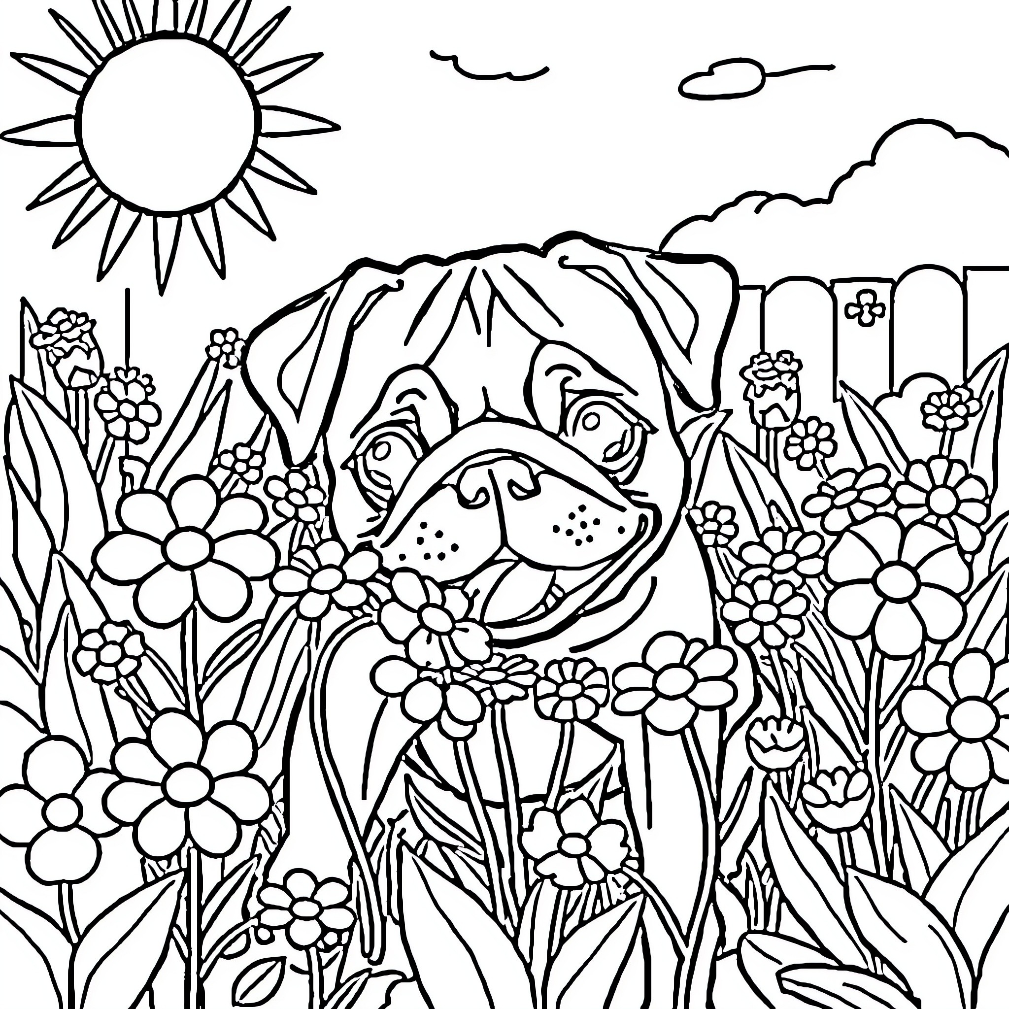 Pug relaxing in a flower-filled garden Coloring Page (free black-and-white line drawing printable PDF for all, from beginners to advanced learners, including children, teens, adults, and seniors)