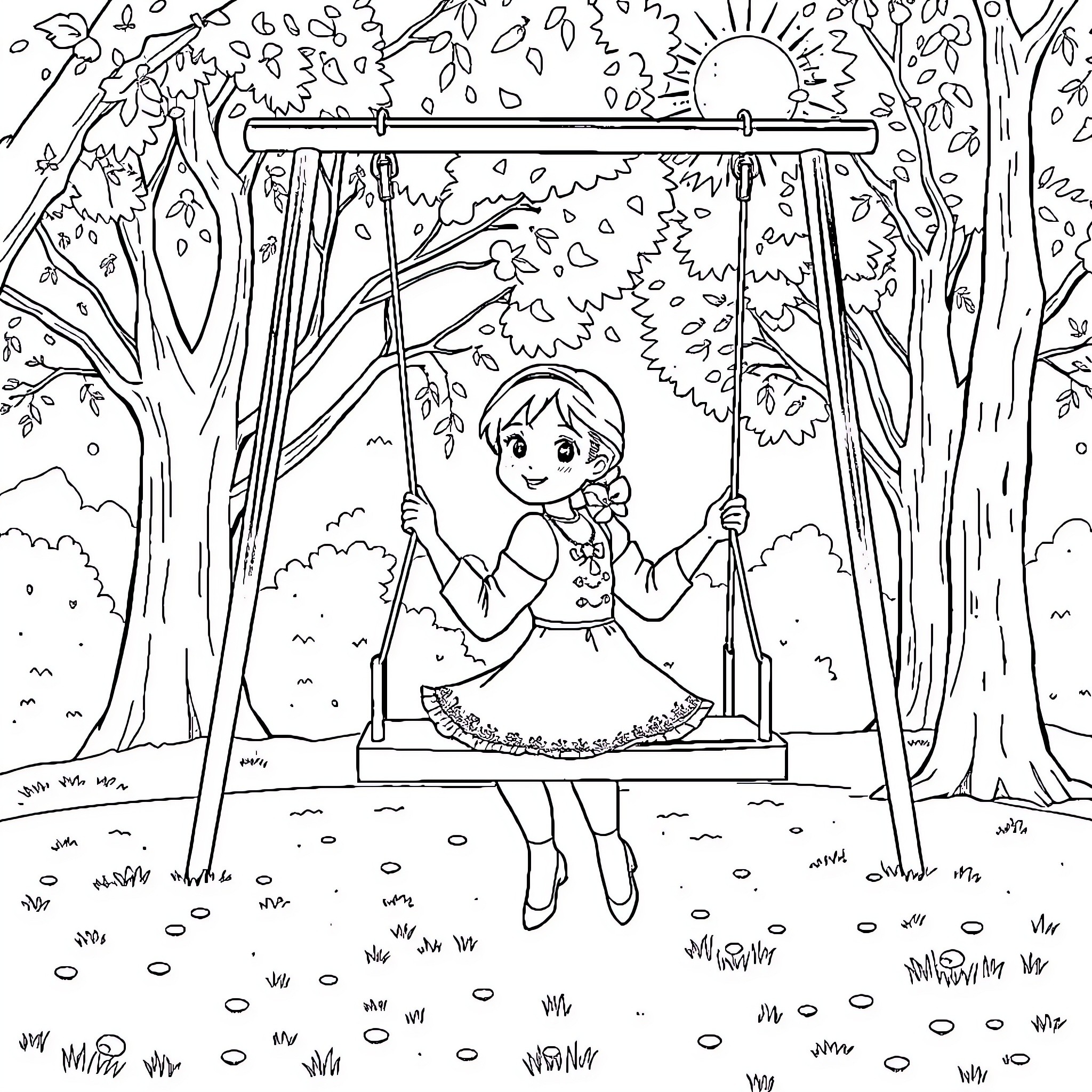 Anna enjoying a sunny day on a park swing Coloring Page (free black-and-white line drawing printable PDF for all, from beginners to advanced learners, including children, teens, adults, and seniors)