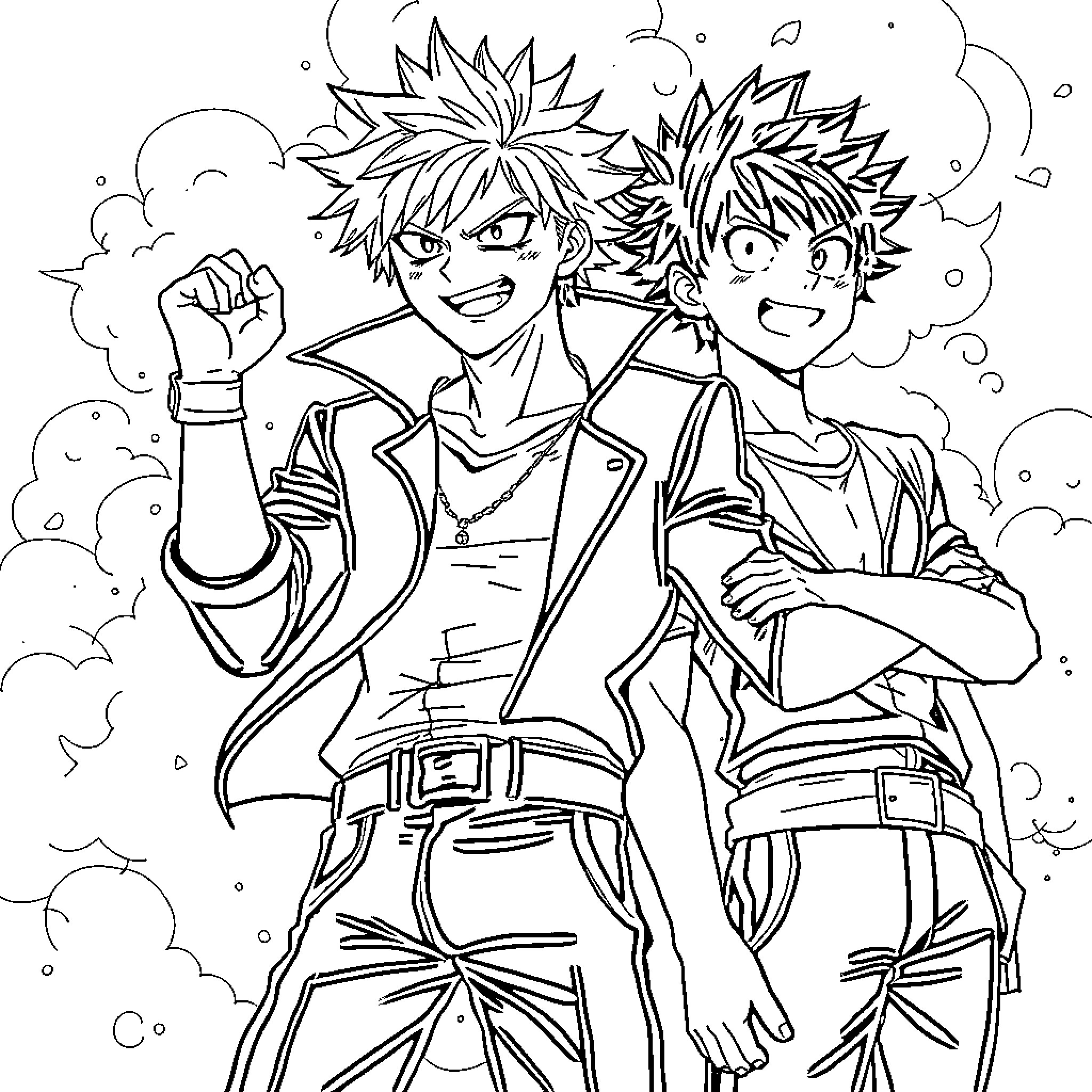 Bakugo and his friend in an intense scene Coloring Page (free black-and-white line drawing printable PDF for all, from beginners to advanced learners, including children, teens, adults, and seniors)