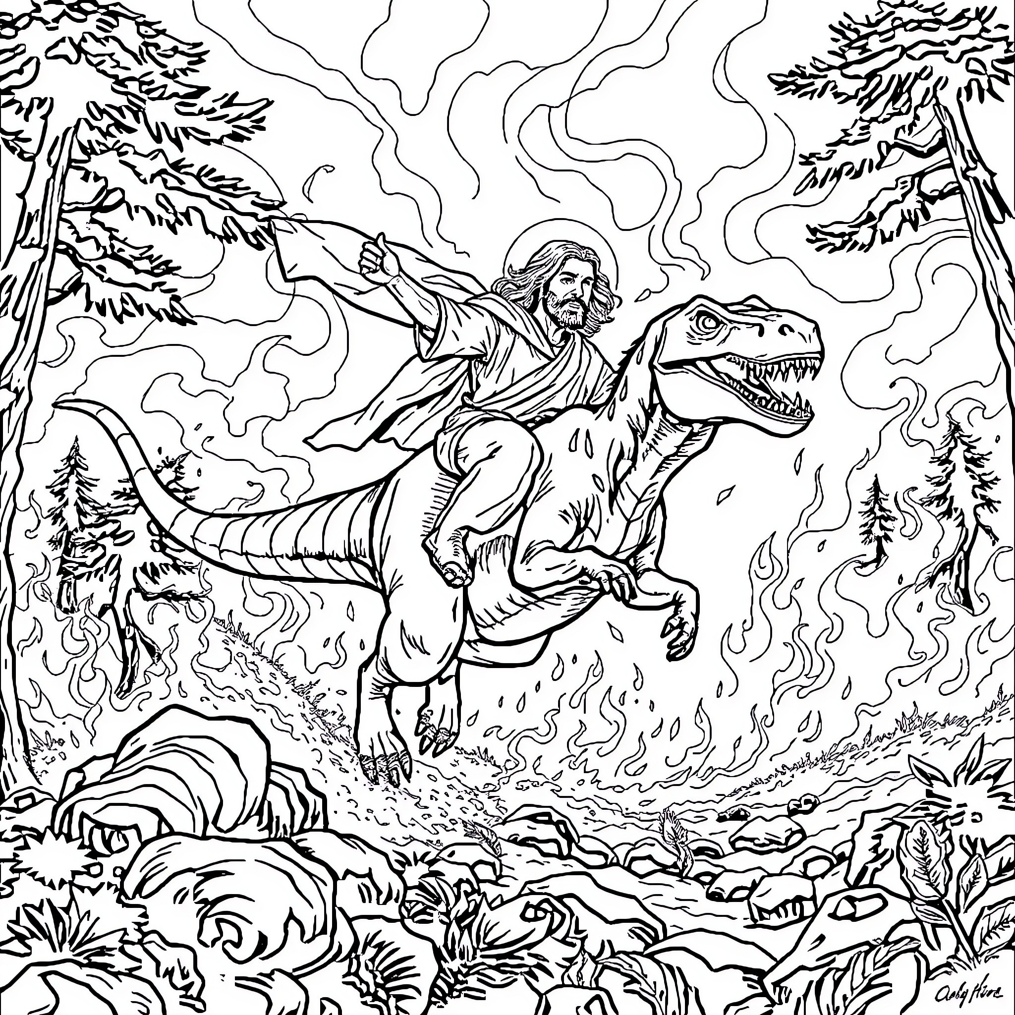 Jesus riding a fearsome beast through a mystical landscape Coloring Page (free black-and-white line drawing printable PDF for all, from beginners to advanced learners, including children, teens, adults, and seniors)