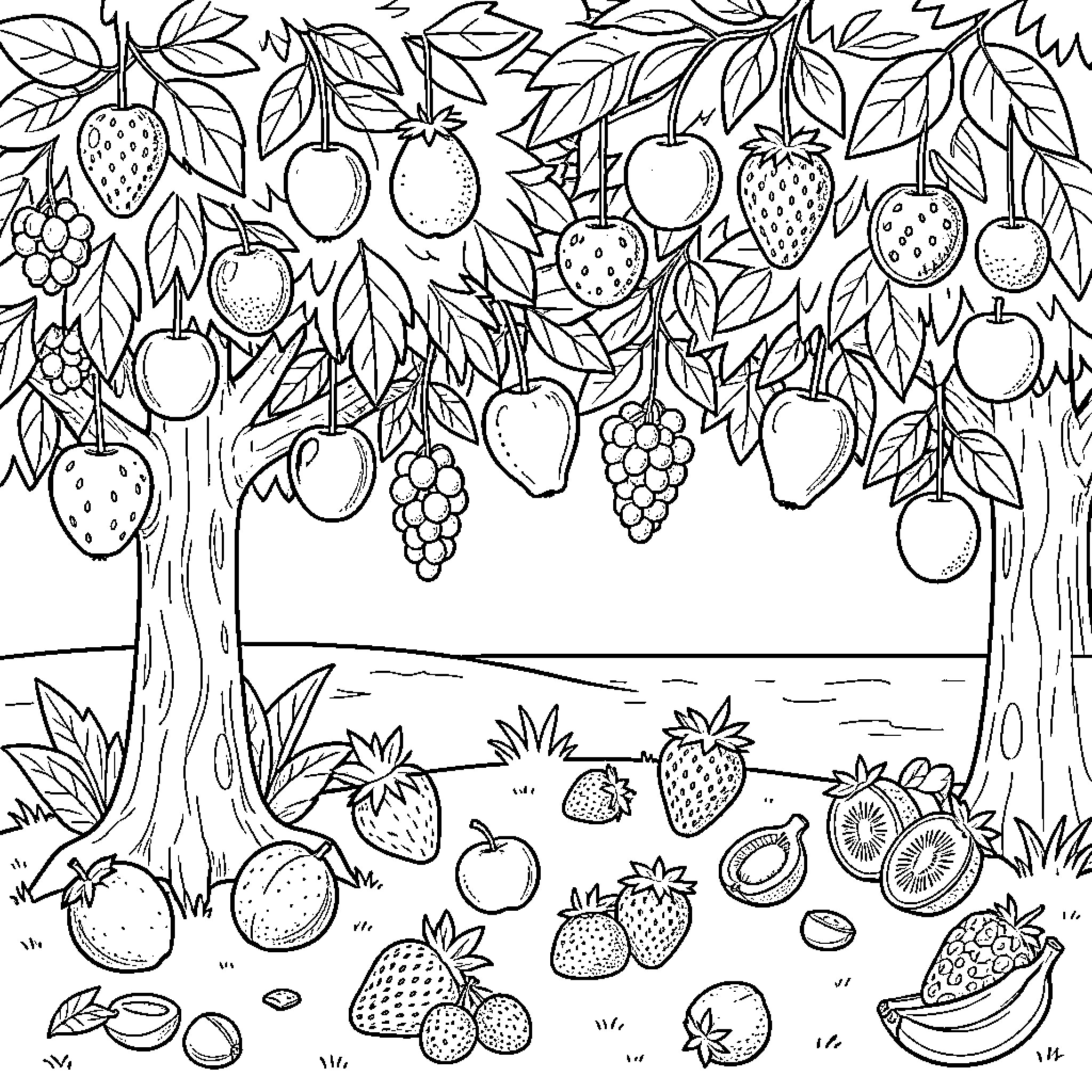 Fruit Orchard with Diverse Produce Coloring Page (free black-and-white line drawing printable PDF for all, from beginners to advanced learners, including children, teens, adults, and seniors)