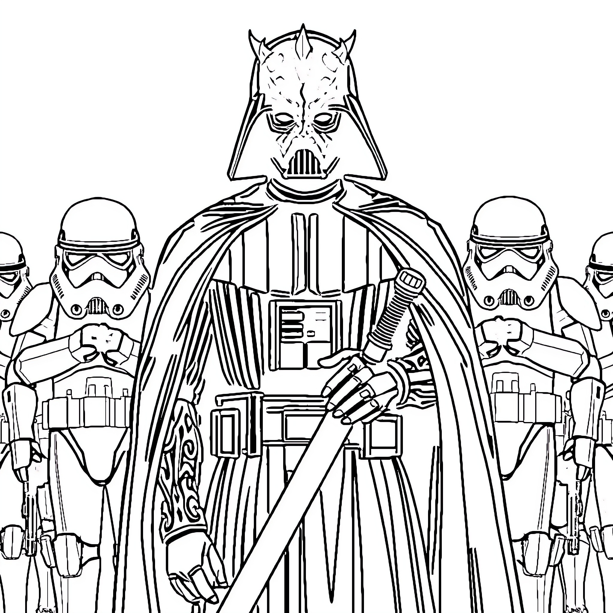 Star Wars Villain and Stormtroopers in Iconic Poses Coloring Page (free black-and-white line drawing printable PDF for all, from beginners to advanced learners, including children, teens, adults, and seniors)