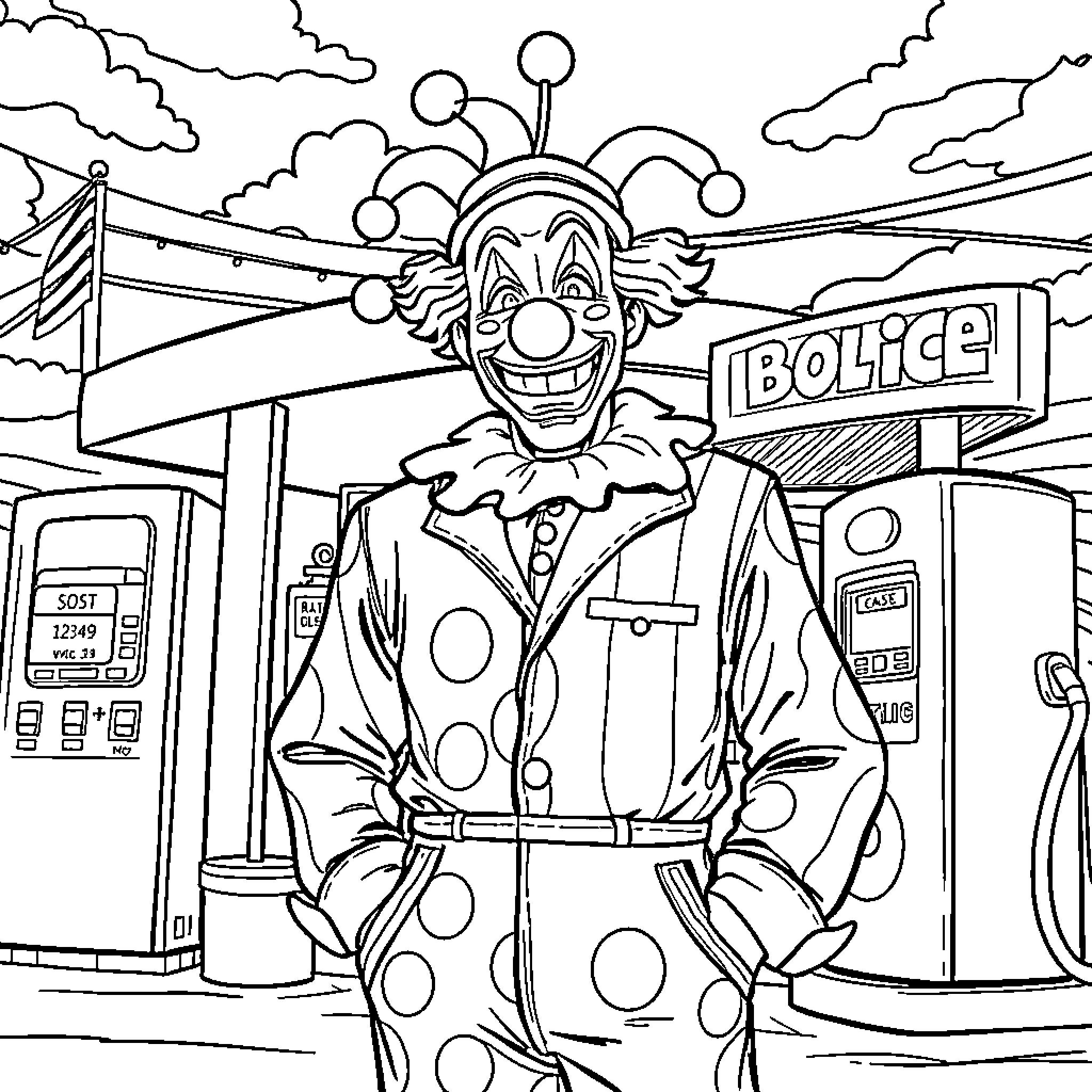 Capt Spaulding's Polka Dot Antics at the Police Station Coloring Page (free black-and-white line drawing printable PDF for all, from beginners to advanced learners, including children, teens, adults, and seniors)