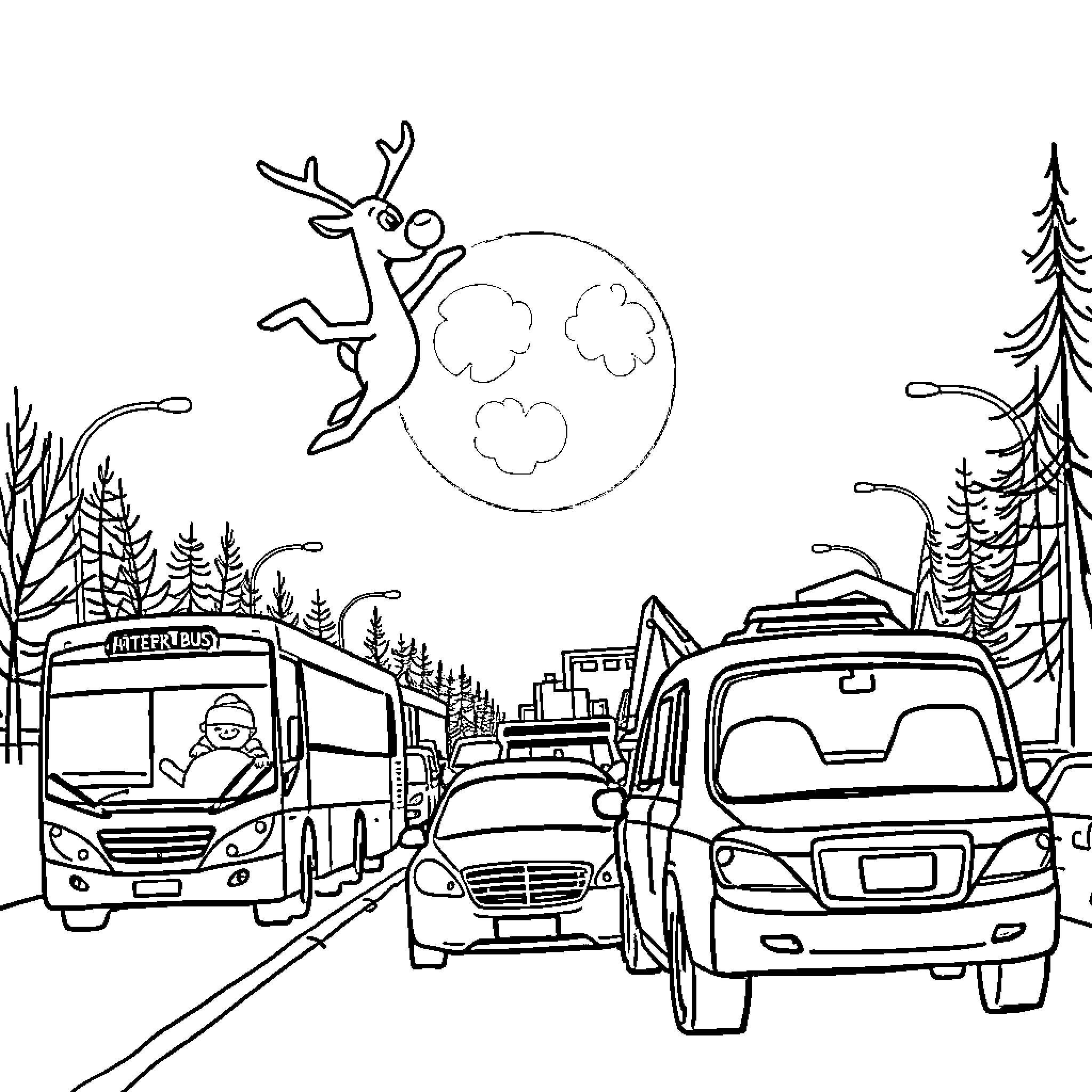 Rudolph soars above the holiday traffic and scenery Coloring Page (free black-and-white line drawing printable PDF for all, from beginners to advanced learners, including children, teens, adults, and seniors)