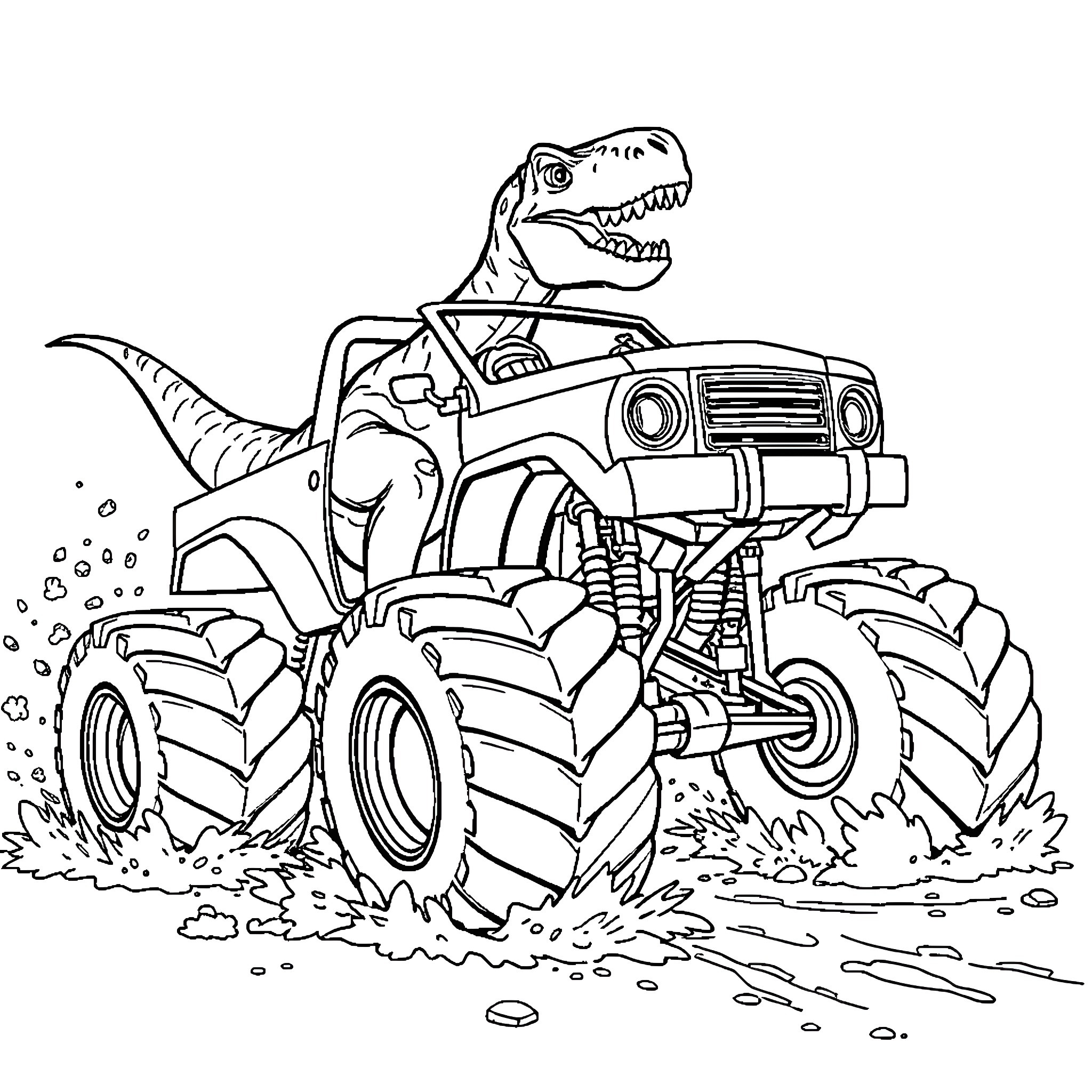 Dinosaur driving a monster truck through nature Coloring Page (free black-and-white line drawing printable PDF for all, from beginners to advanced learners, including children, teens, adults, and seniors)