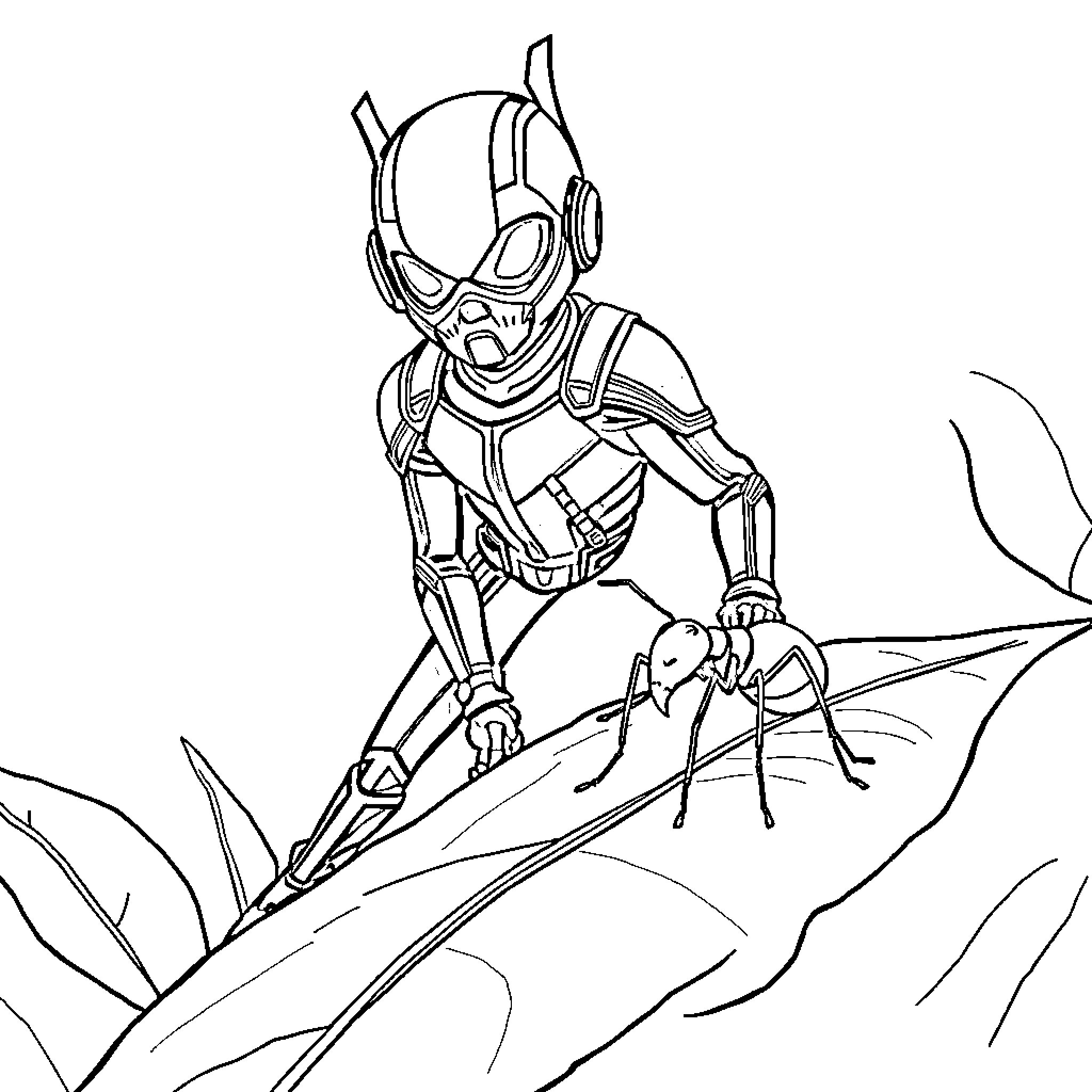 Antman scaling up the leaf with a giant ant Coloring Page (free black-and-white line drawing printable PDF for all, from beginners to advanced learners, including children, teens, adults, and seniors)