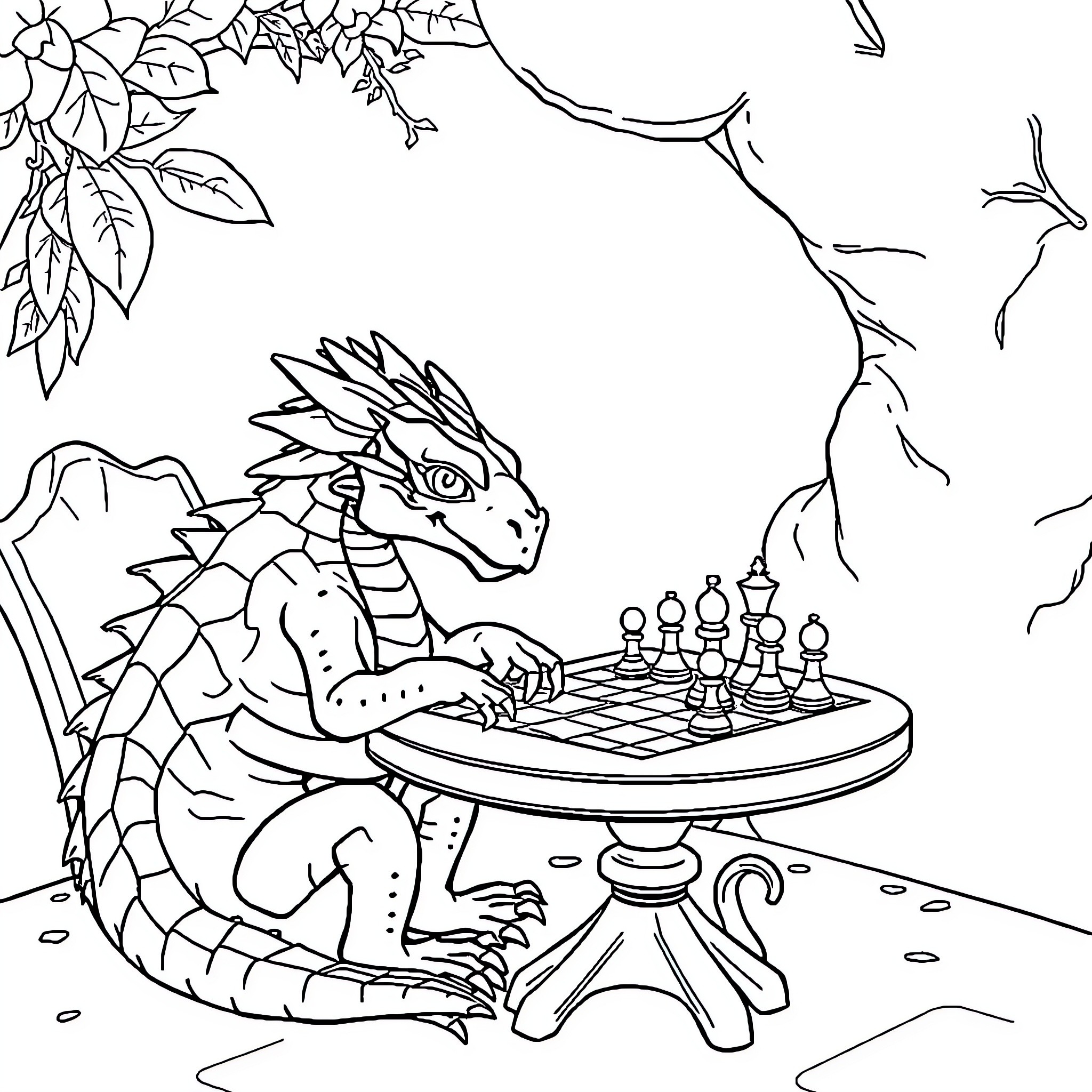 Komodo Dragon playing chess in the forest Coloring Page (free black-and-white line drawing printable PDF for all, from beginners to advanced learners, including children, teens, adults, and seniors)
