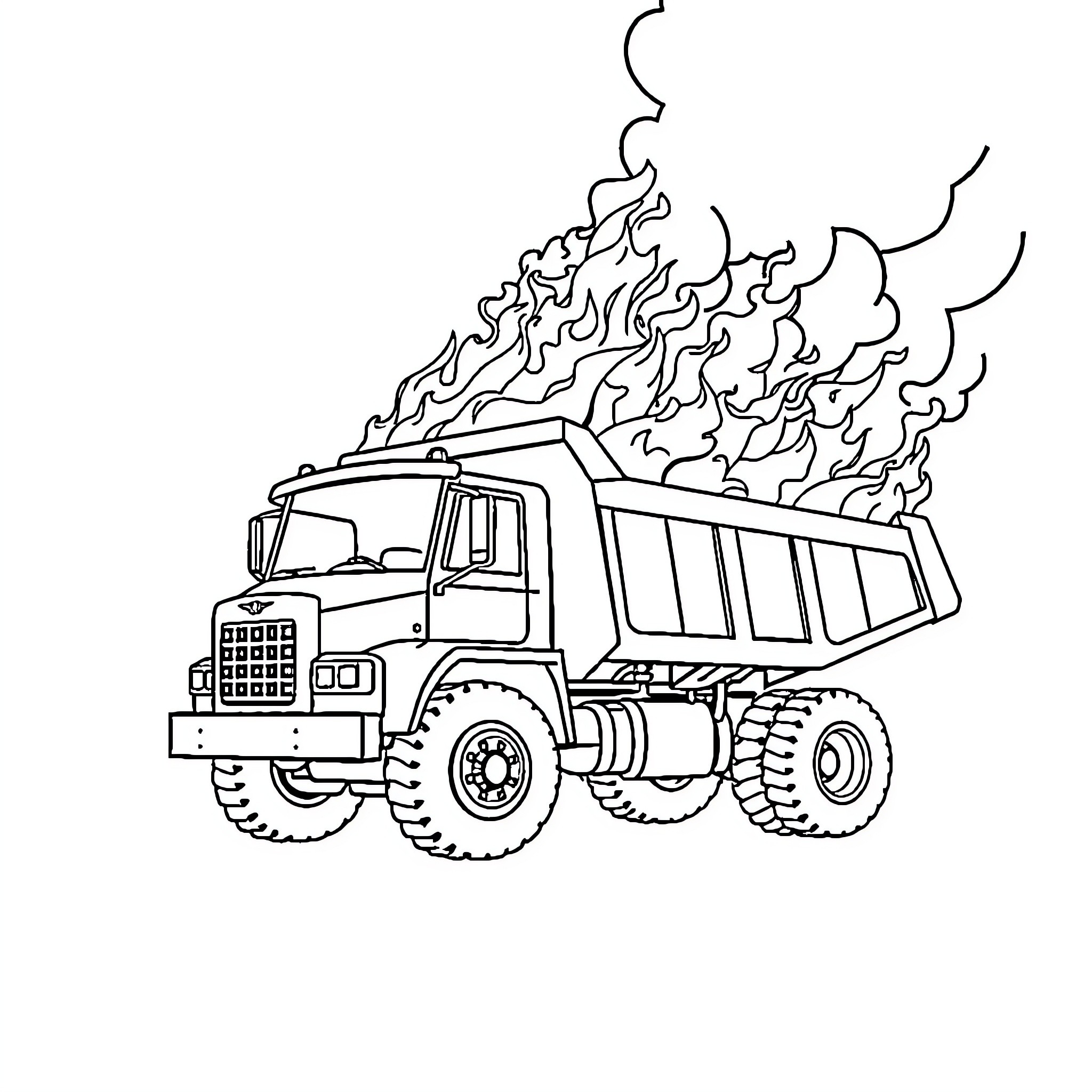 Dump Truck Carrying Flaming Cargo Coloring Page (free black-and-white line drawing printable PDF for all, from beginners to advanced learners, including children, teens, adults, and seniors)