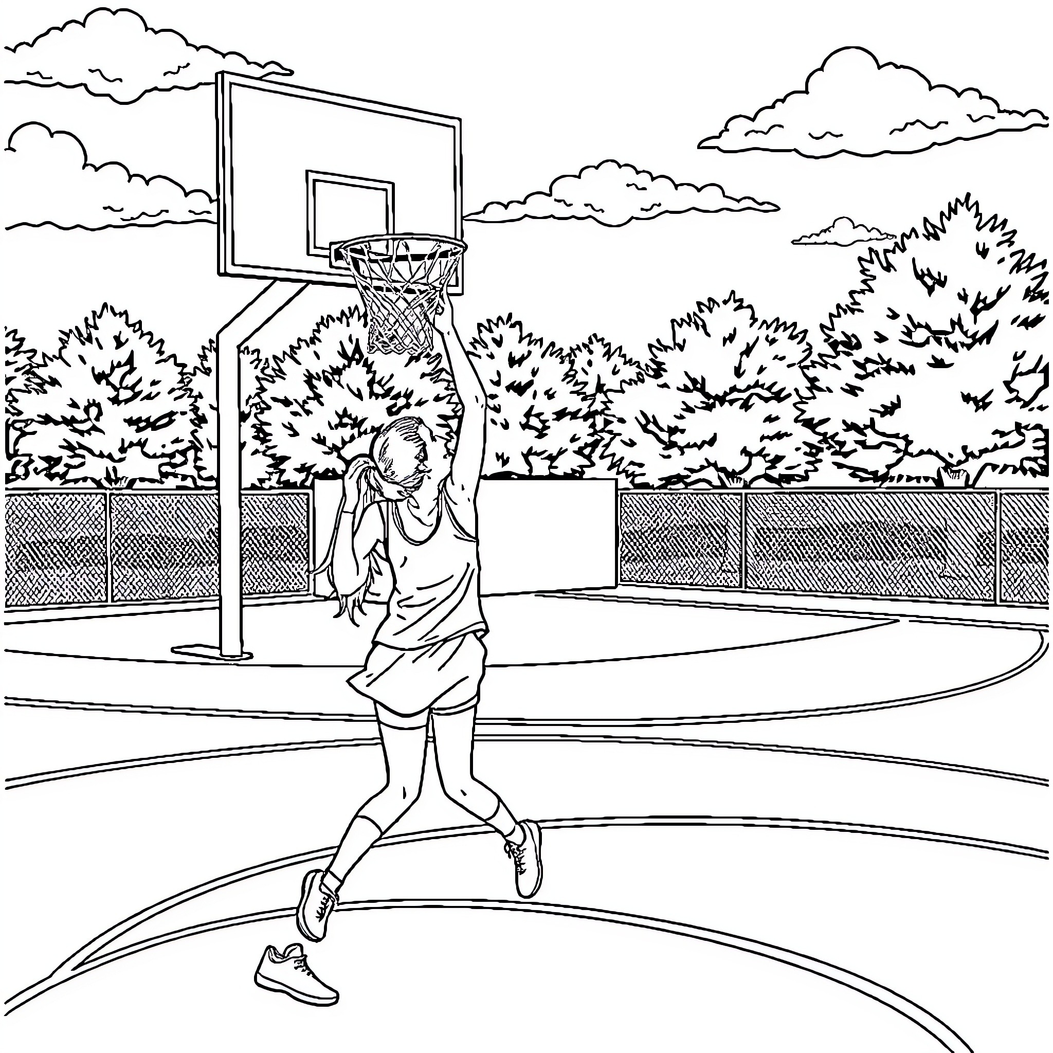 Caitlyn Clark playing basketball on the court Coloring Page (free black-and-white line drawing printable PDF for all, from beginners to advanced learners, including children, teens, adults, and seniors)
