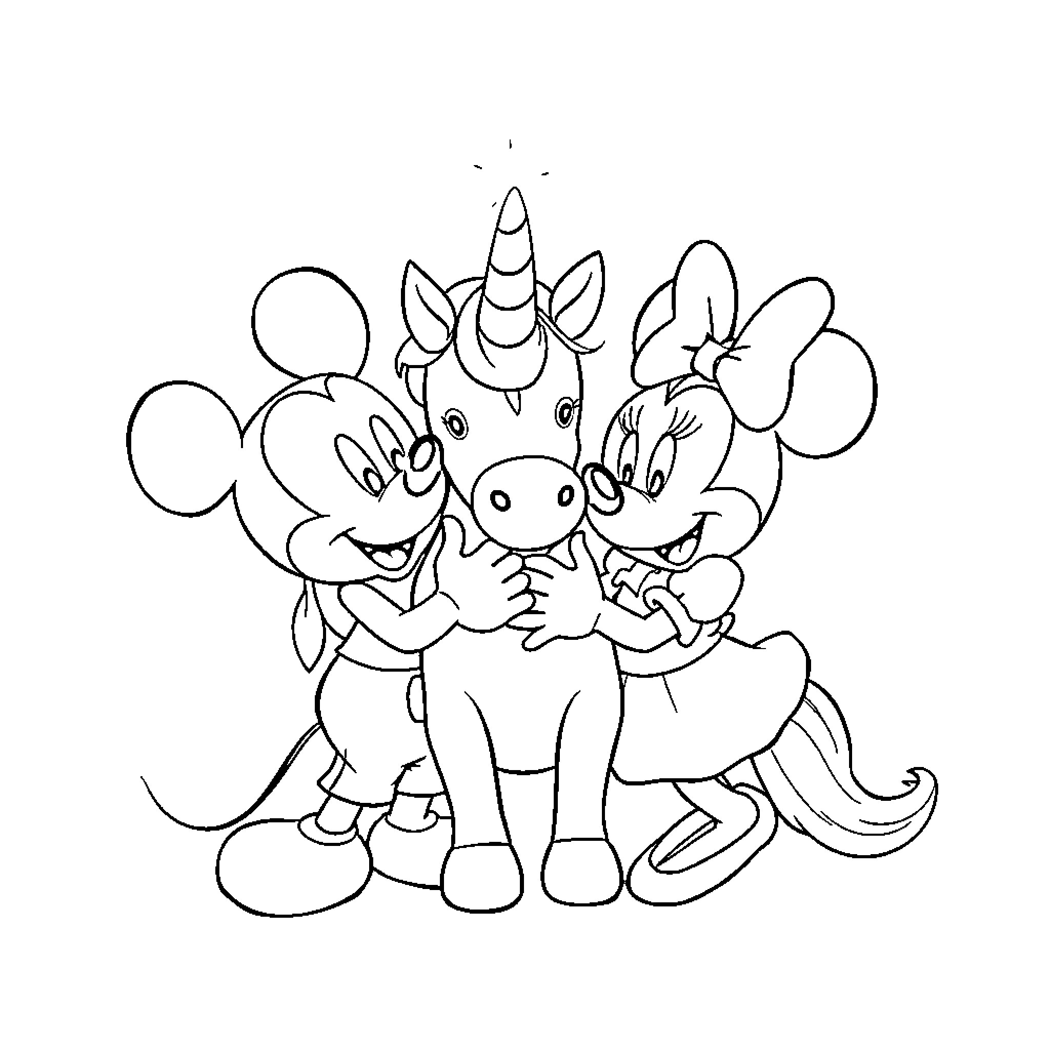 Mickey Mouse and friends with a unicorn Coloring Page (free black-and-white line drawing printable PDF for all, from beginners to advanced learners, including children, teens, adults, and seniors)